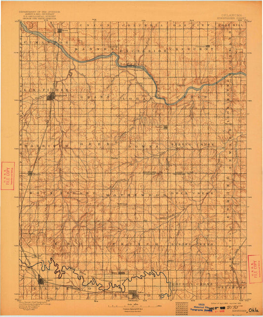 Historic 1895 Kingfisher Oklahoma 30'x30' Topo Map Image