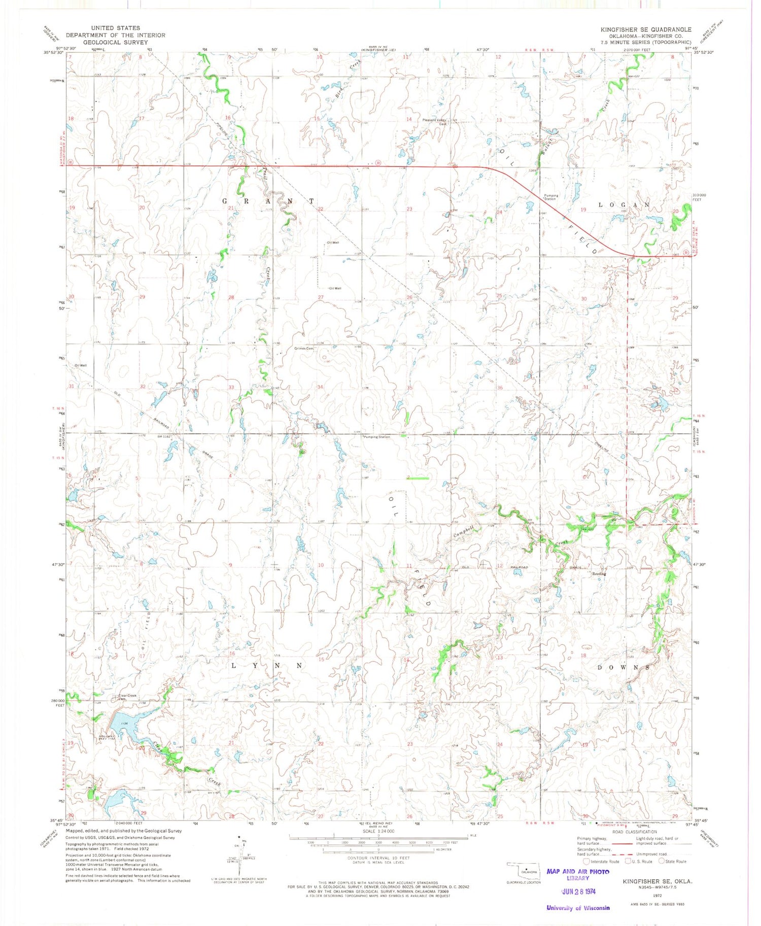 Classic USGS Kingfisher SE Oklahoma 7.5'x7.5' Topo Map Image