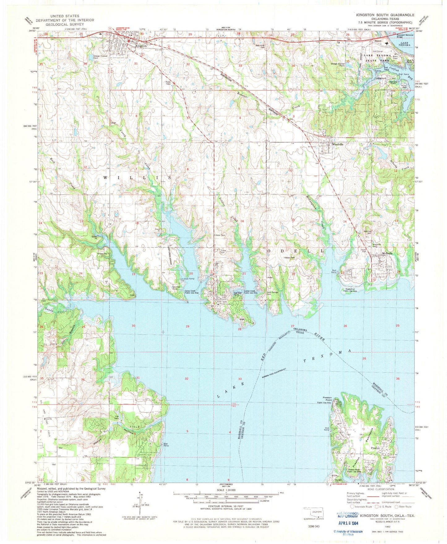 Classic USGS Kingston South Oklahoma 7.5'x7.5' Topo Map Image