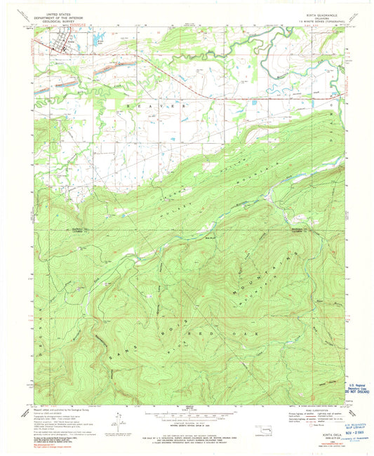 Classic USGS Kinta Oklahoma 7.5'x7.5' Topo Map Image