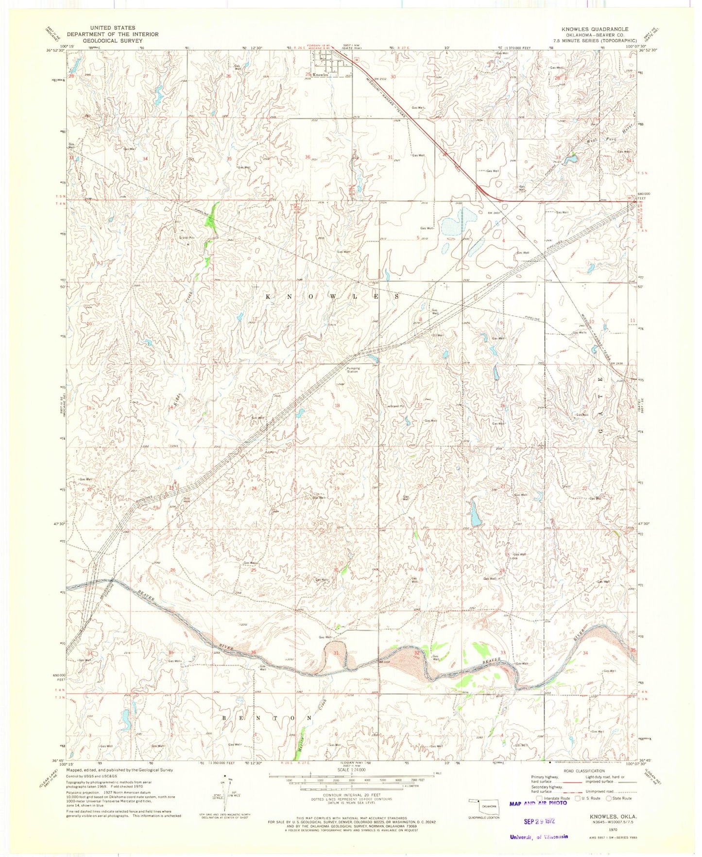 Classic USGS Knowles Oklahoma 7.5'x7.5' Topo Map Image