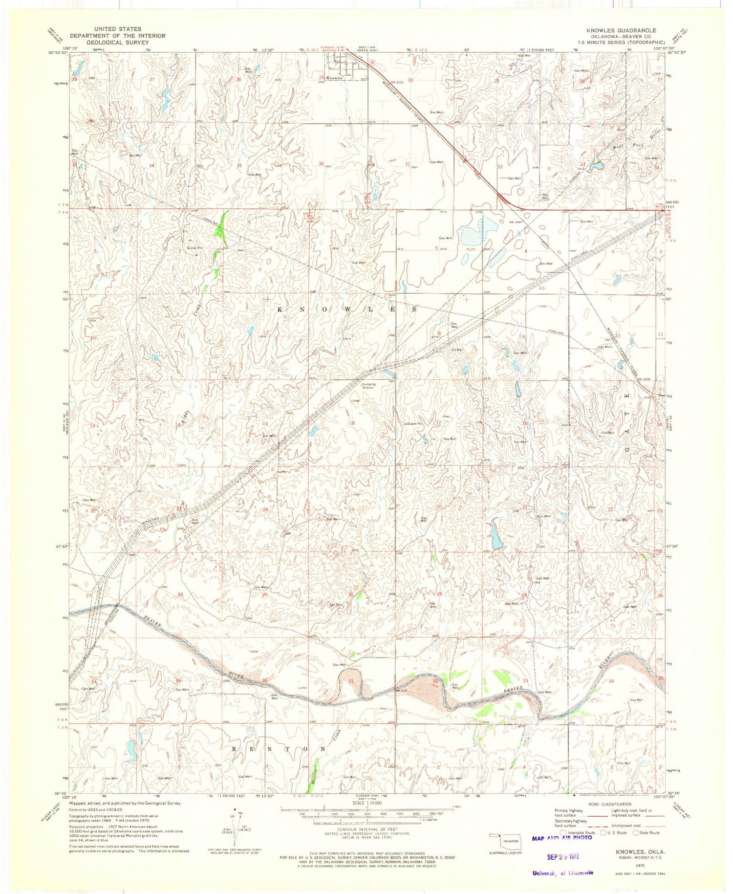 Classic USGS Knowles Oklahoma 7.5'x7.5' Topo Map Image