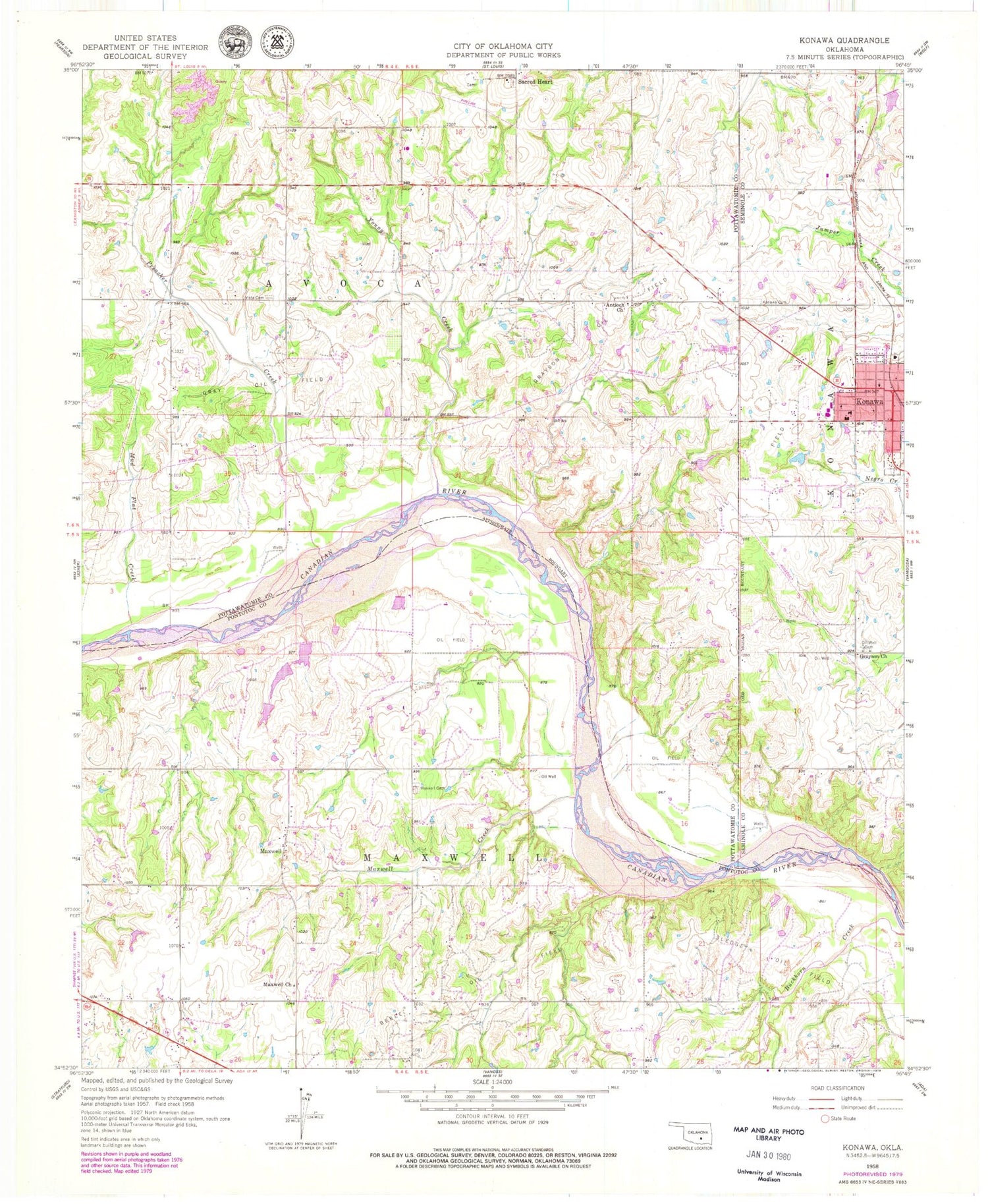 Classic USGS Konawa Oklahoma 7.5'x7.5' Topo Map Image