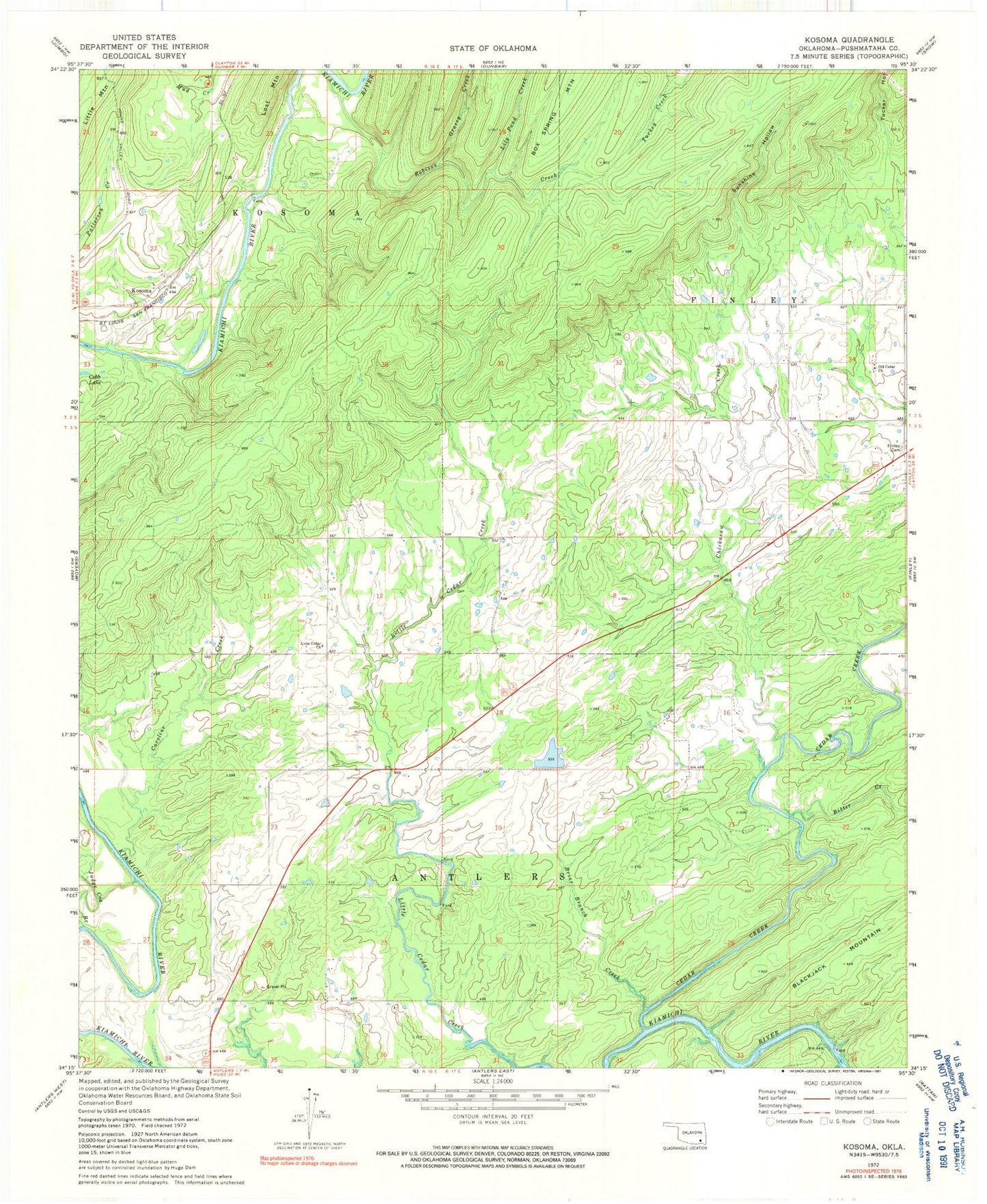 Classic USGS Kosoma Oklahoma 7.5'x7.5' Topo Map Image