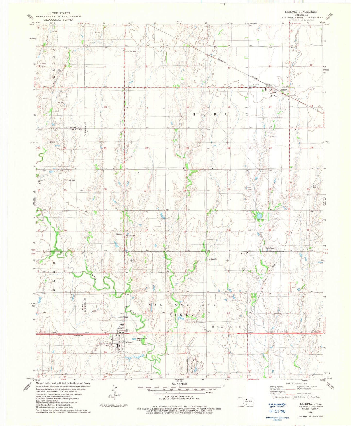 Classic USGS Lahoma Oklahoma 7.5'x7.5' Topo Map Image