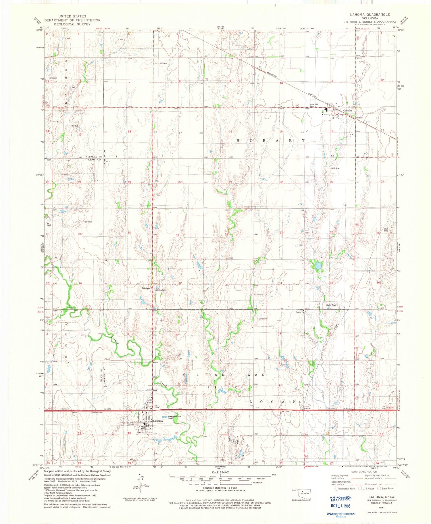 Classic USGS Lahoma Oklahoma 7.5'x7.5' Topo Map Image