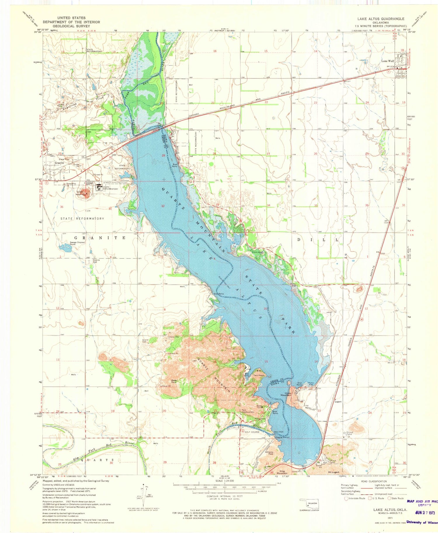 Classic USGS Lake Altus Oklahoma 7.5'x7.5' Topo Map Image