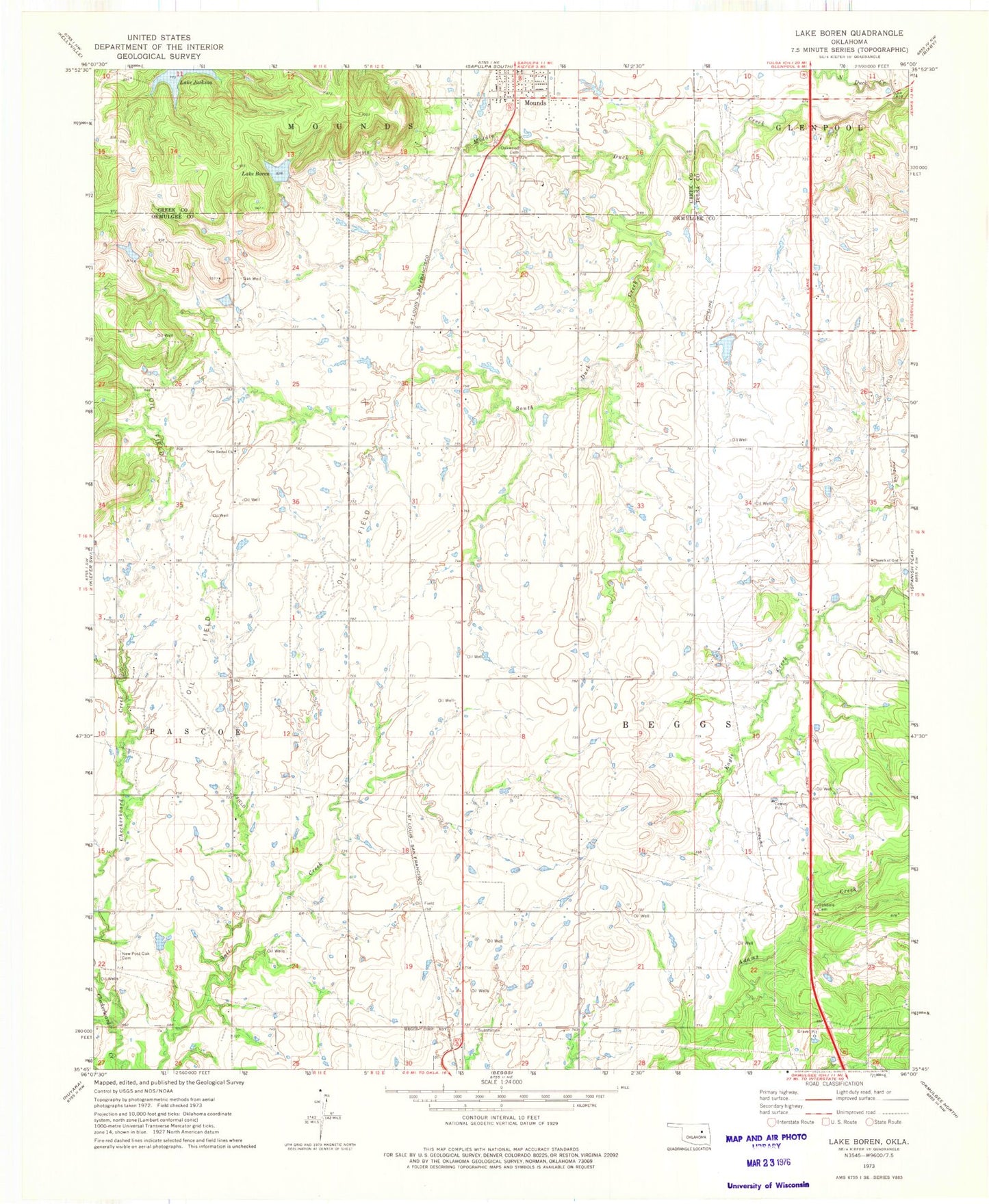Classic USGS Lake Boren Oklahoma 7.5'x7.5' Topo Map Image