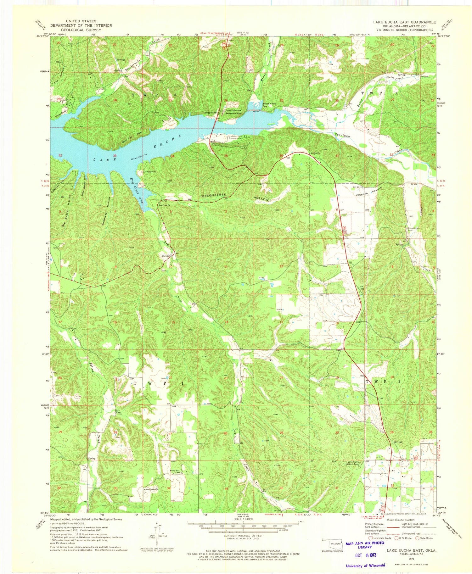 Classic USGS Lake Eucha East Oklahoma 7.5'x7.5' Topo Map Image