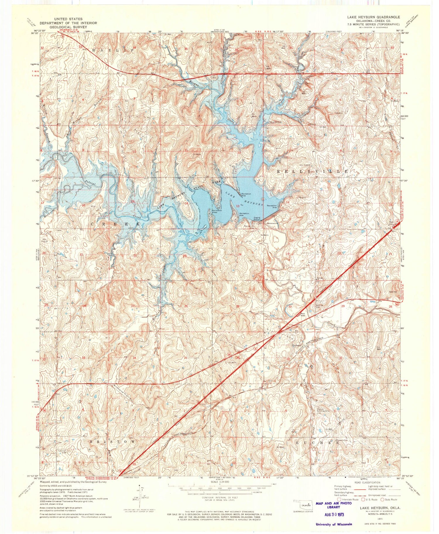 Classic USGS Heyburn Reservoir Oklahoma 7.5'x7.5' Topo Map Image