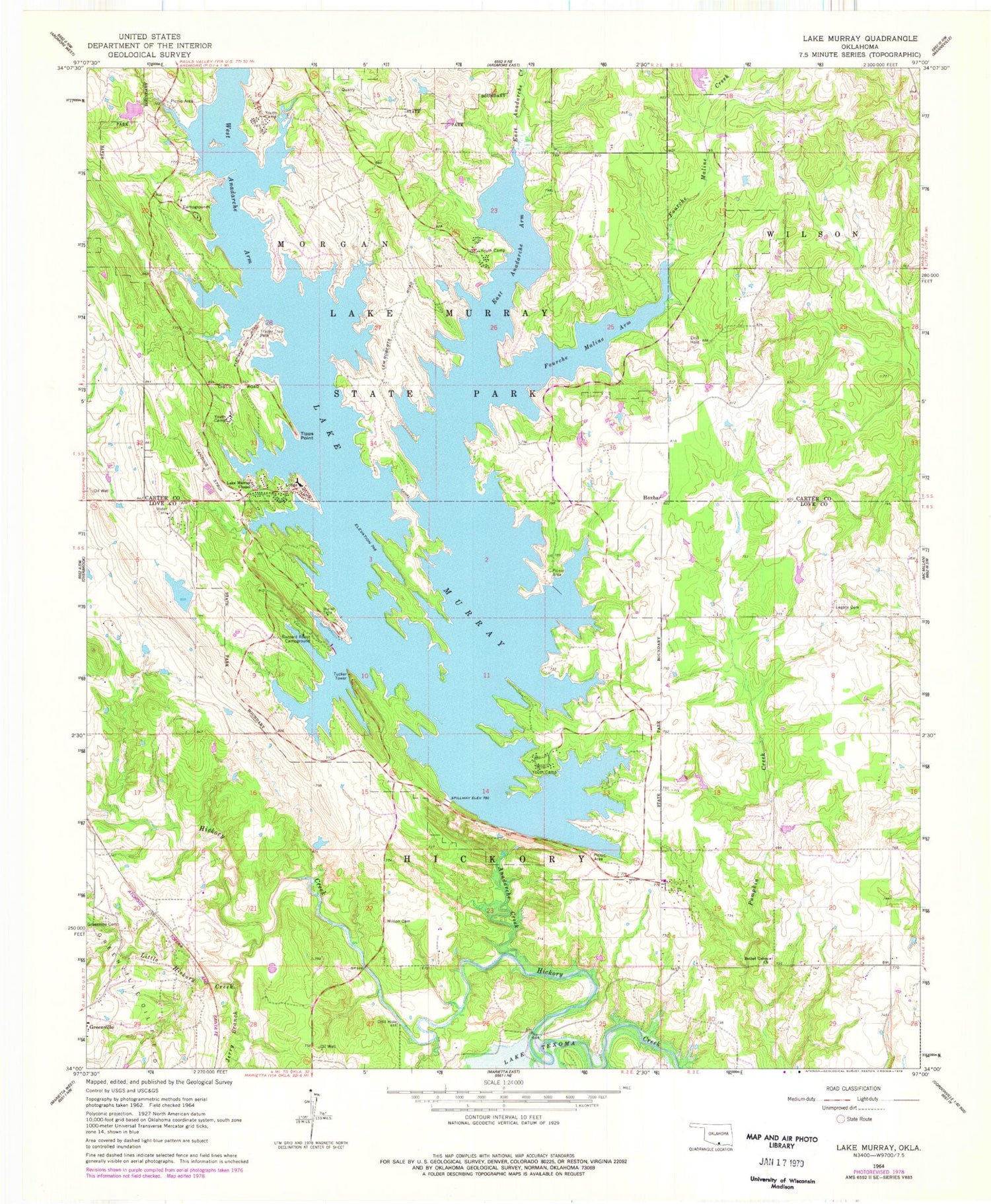 Classic USGS Lake Murray Oklahoma 7.5'x7.5' Topo Map Image