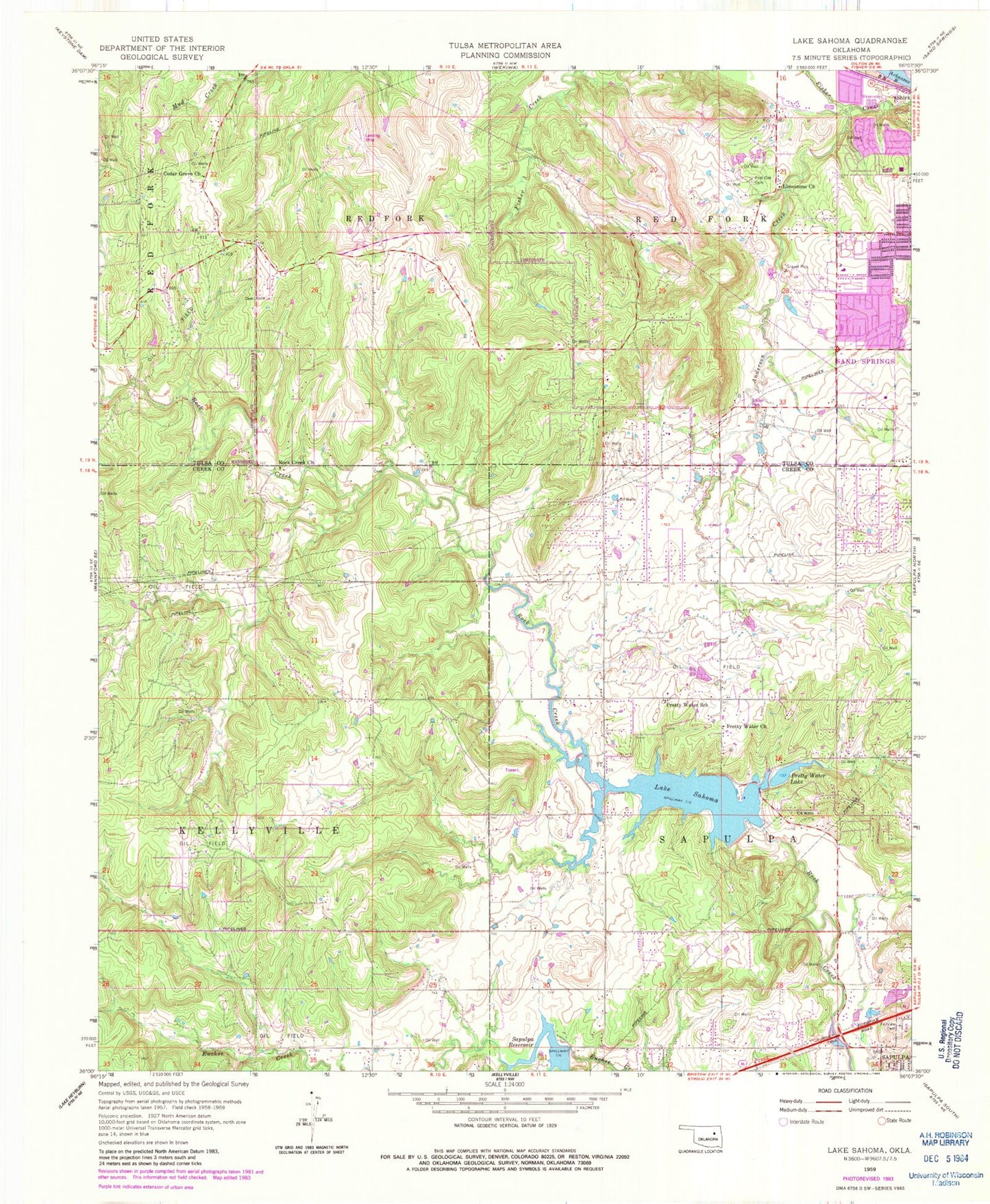 Classic USGS Lake Sahoma Oklahoma 7.5'x7.5' Topo Map Image