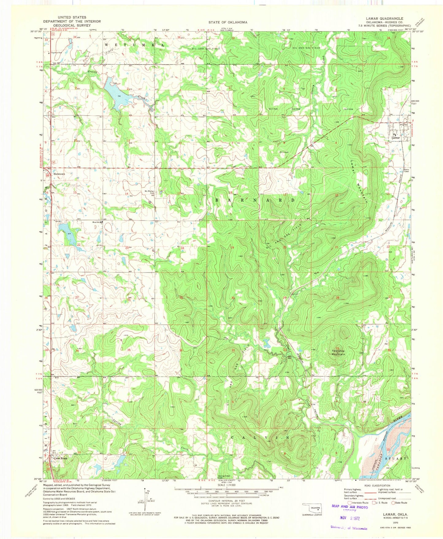 Classic USGS Lamar Oklahoma 7.5'x7.5' Topo Map Image