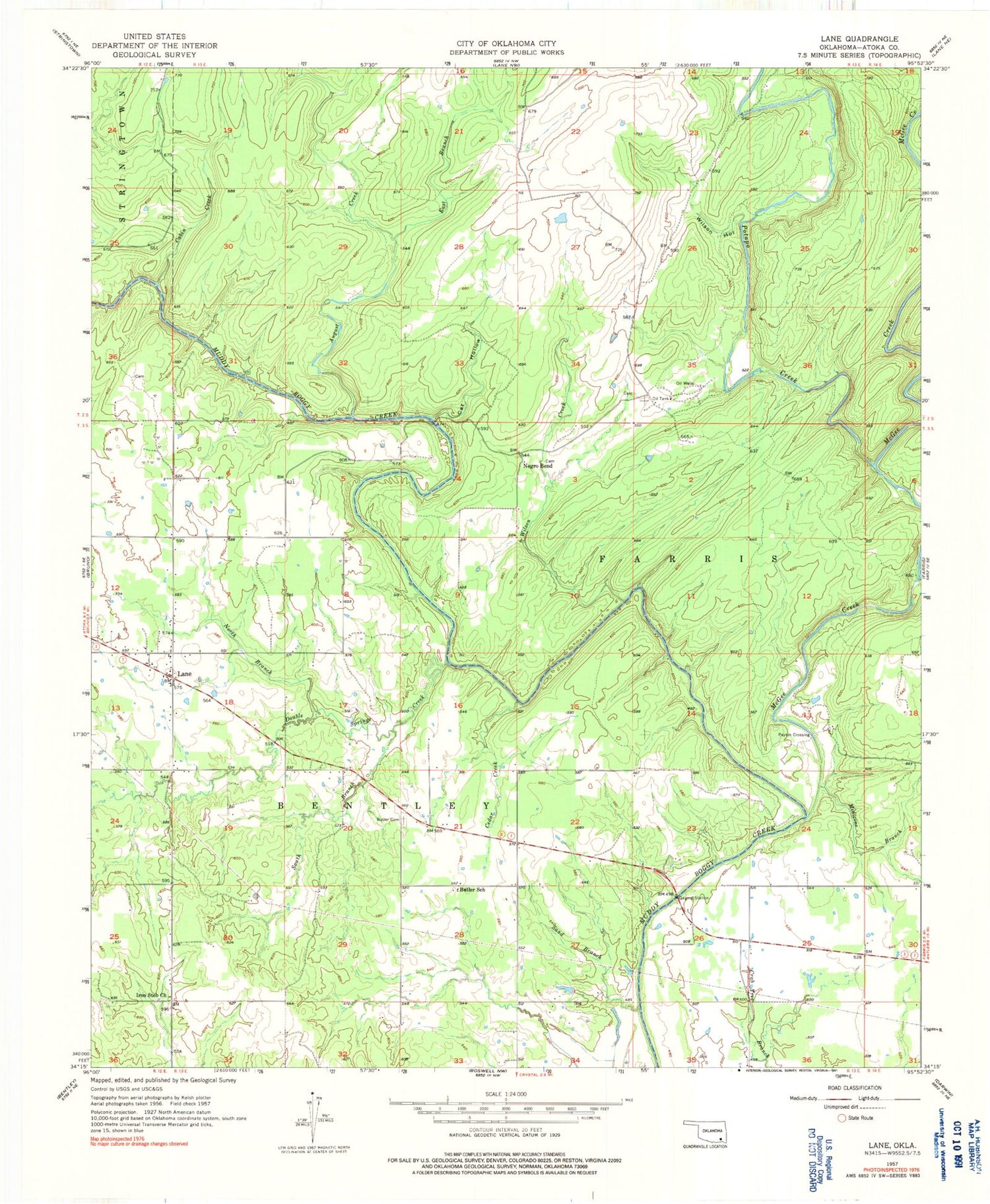 Classic USGS Lane Oklahoma 7.5'x7.5' Topo Map Image