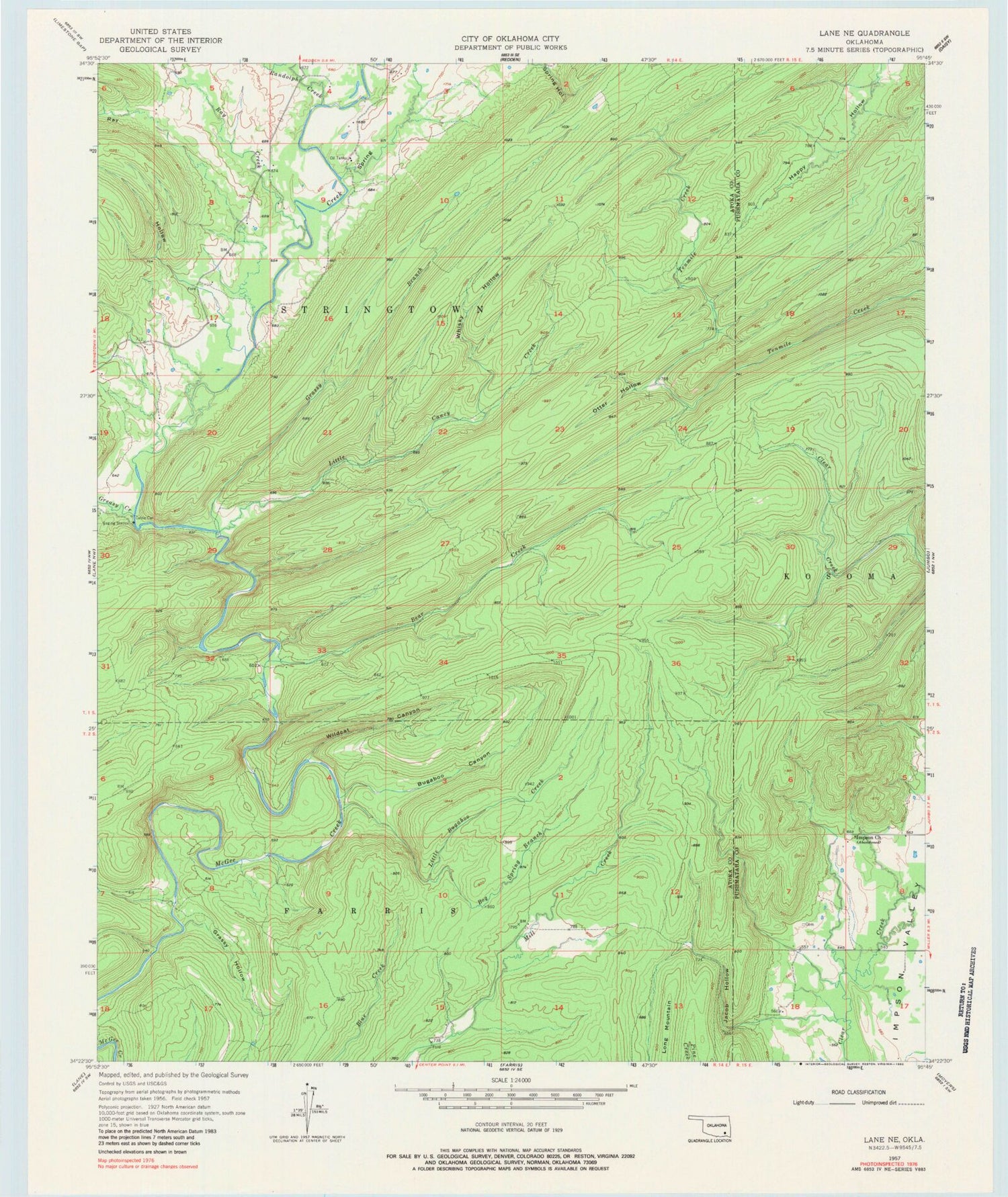 Classic USGS Lane NE Oklahoma 7.5'x7.5' Topo Map Image