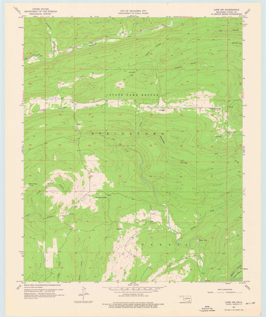 Classic USGS Lane NW Oklahoma 7.5'x7.5' Topo Map Image