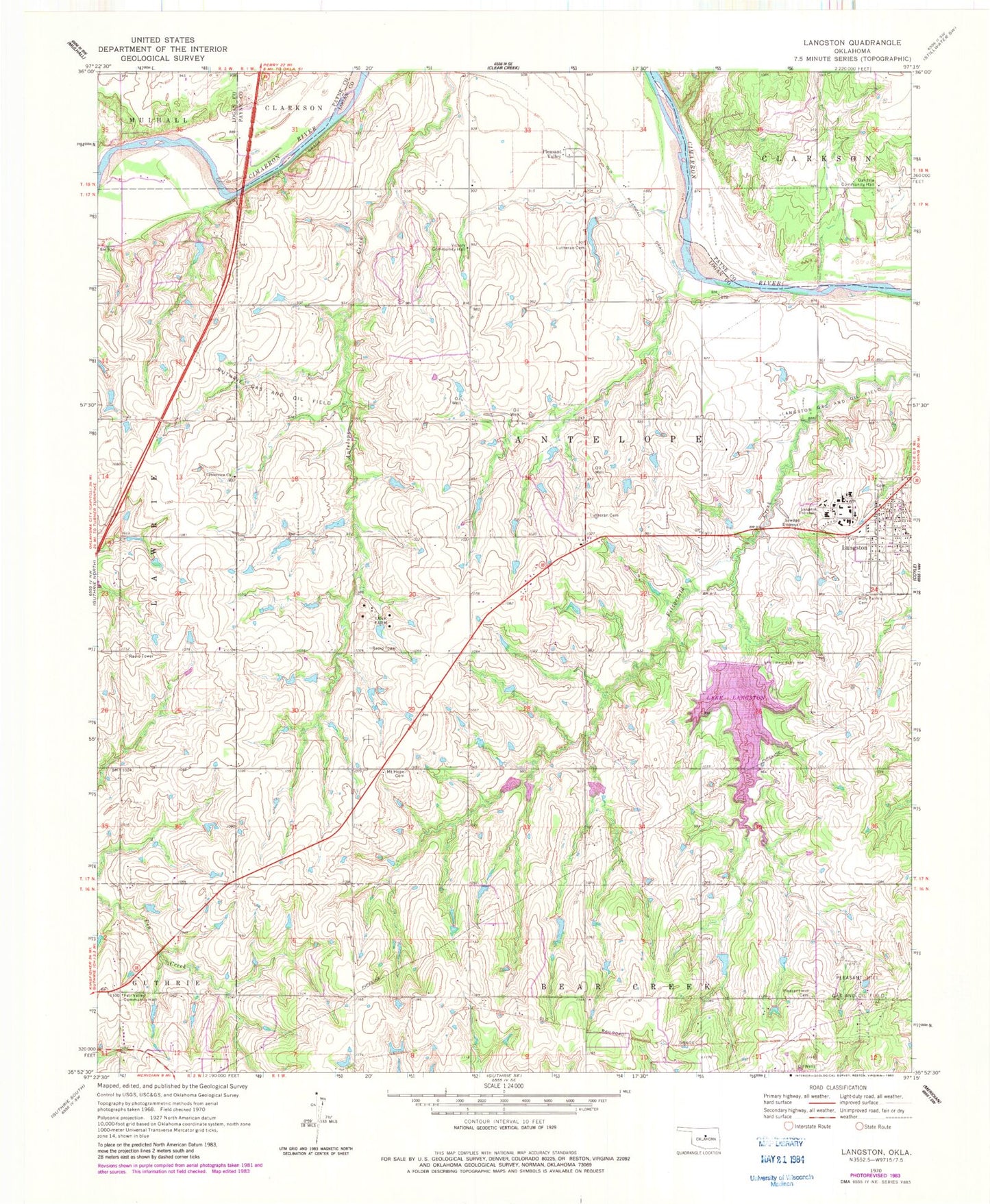 Classic USGS Langston Oklahoma 7.5'x7.5' Topo Map Image