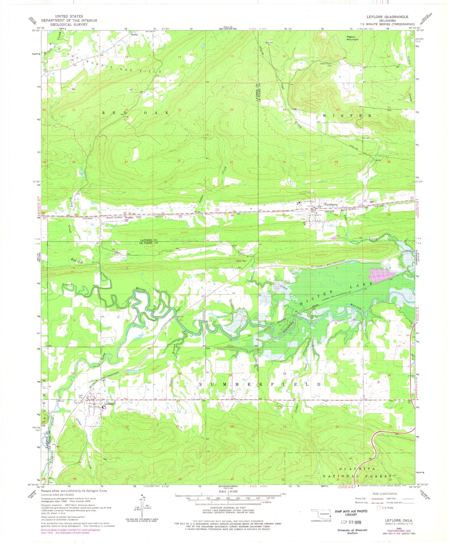 Classic USGS Leflore Oklahoma 7.5'x7.5' Topo Map Image