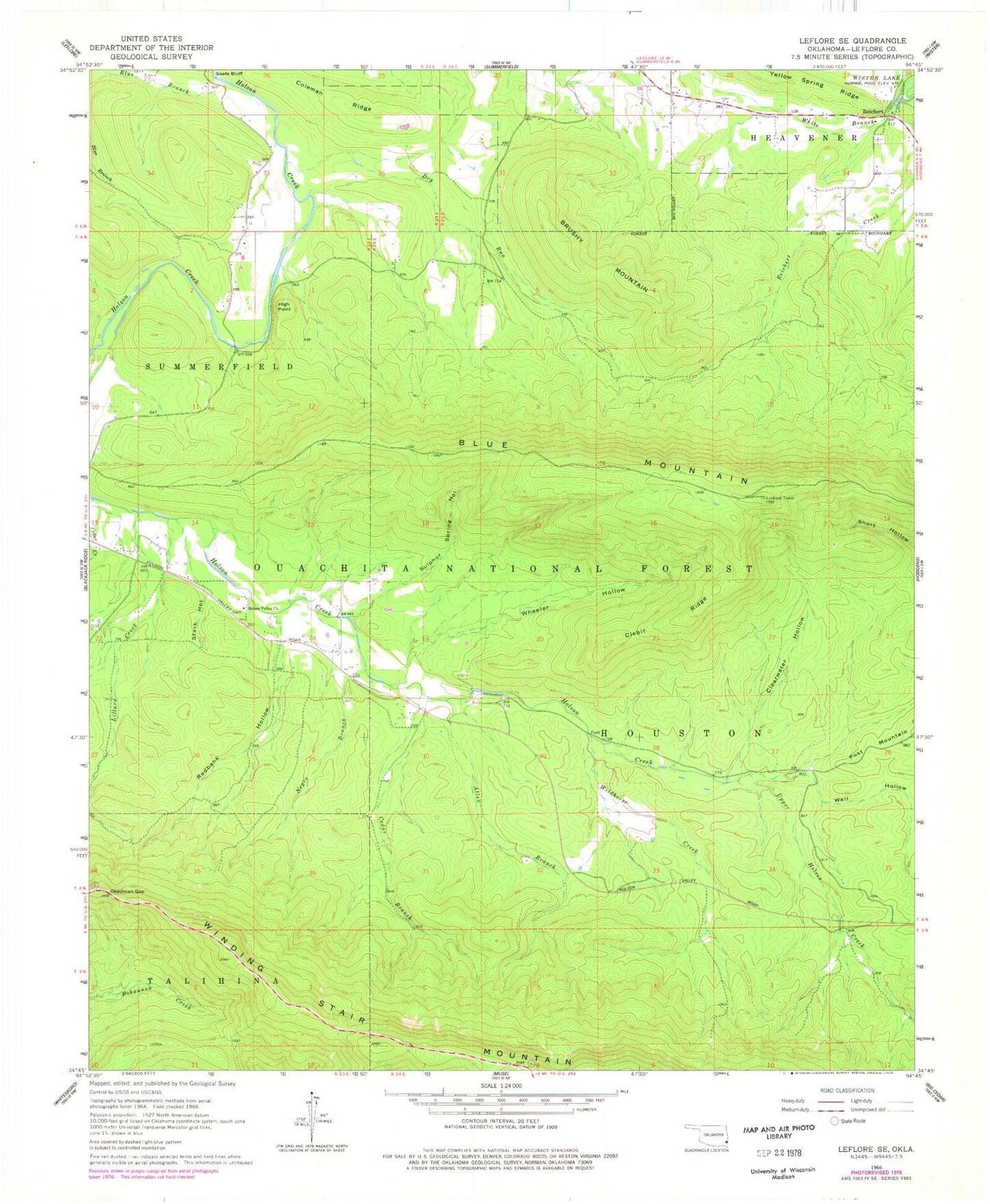 Classic USGS Leflore SE Oklahoma 7.5'x7.5' Topo Map Image