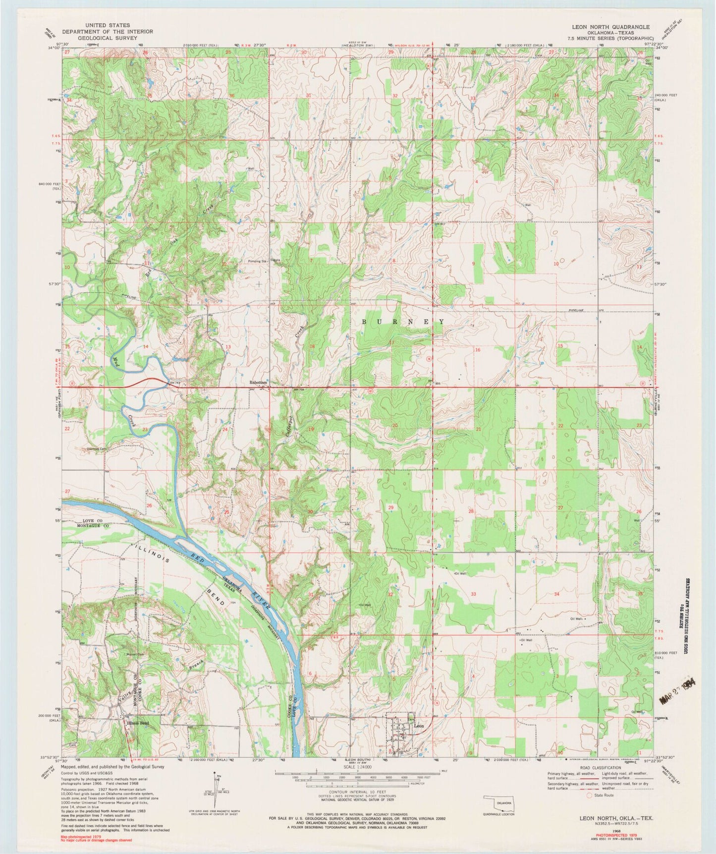 Classic USGS Leon North Oklahoma 7.5'x7.5' Topo Map Image