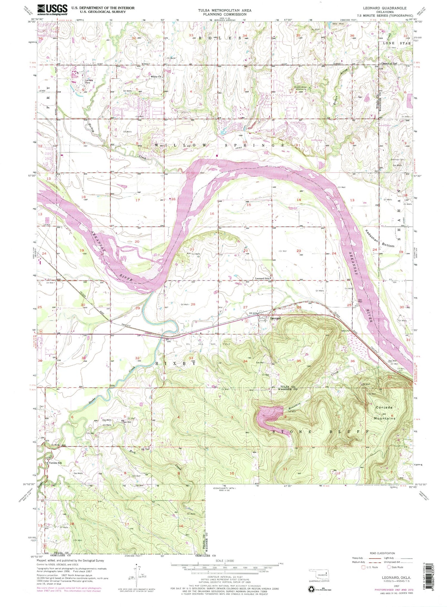 Classic USGS Leonard Oklahoma 7.5'x7.5' Topo Map Image