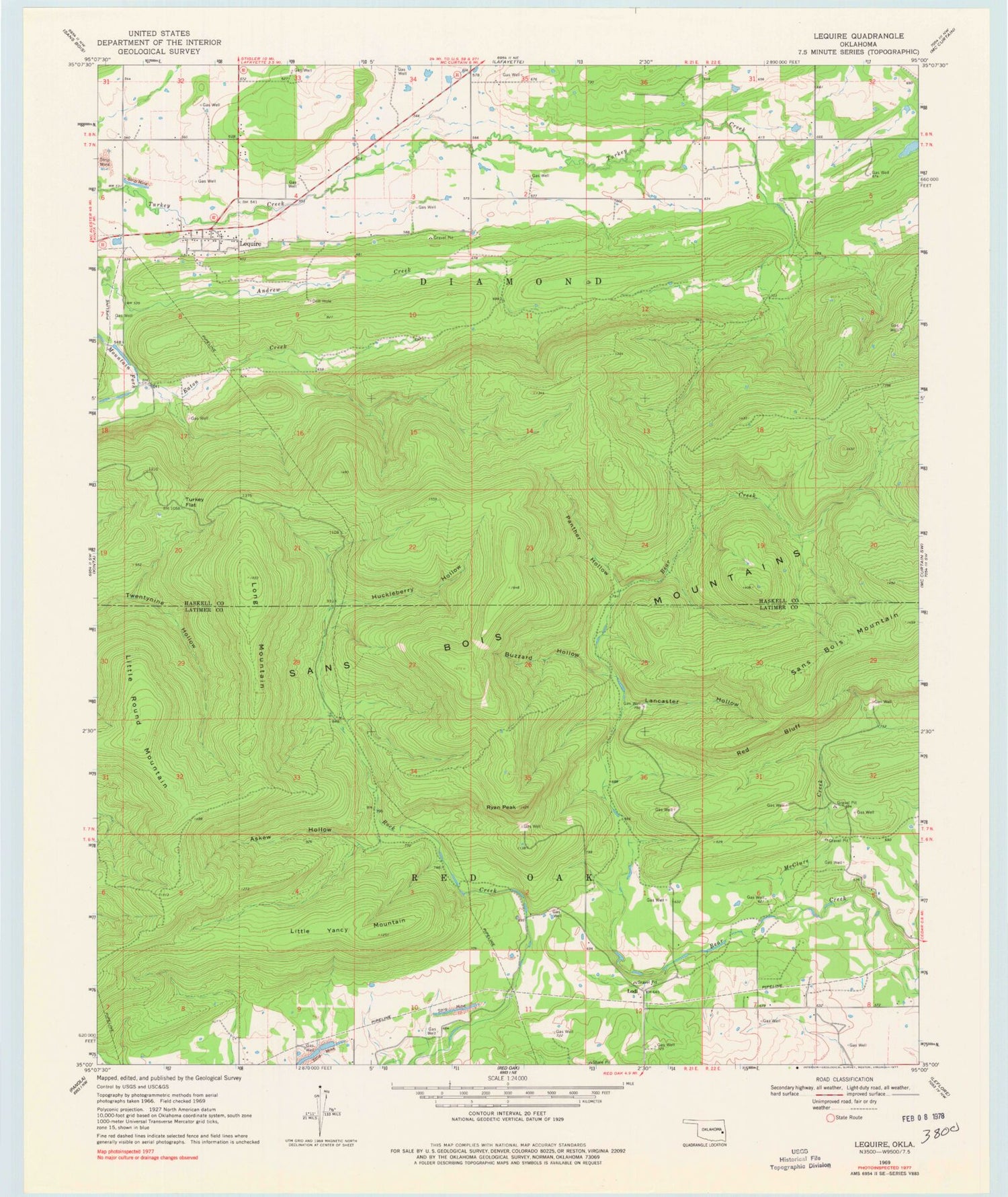 Classic USGS Lequire Oklahoma 7.5'x7.5' Topo Map Image