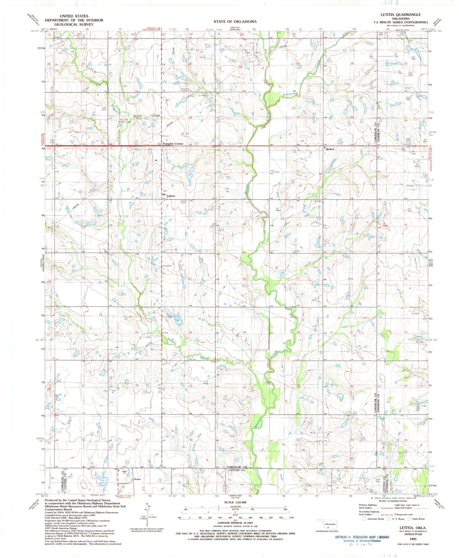 Classic USGS Letitia Oklahoma 7.5'x7.5' Topo Map Image