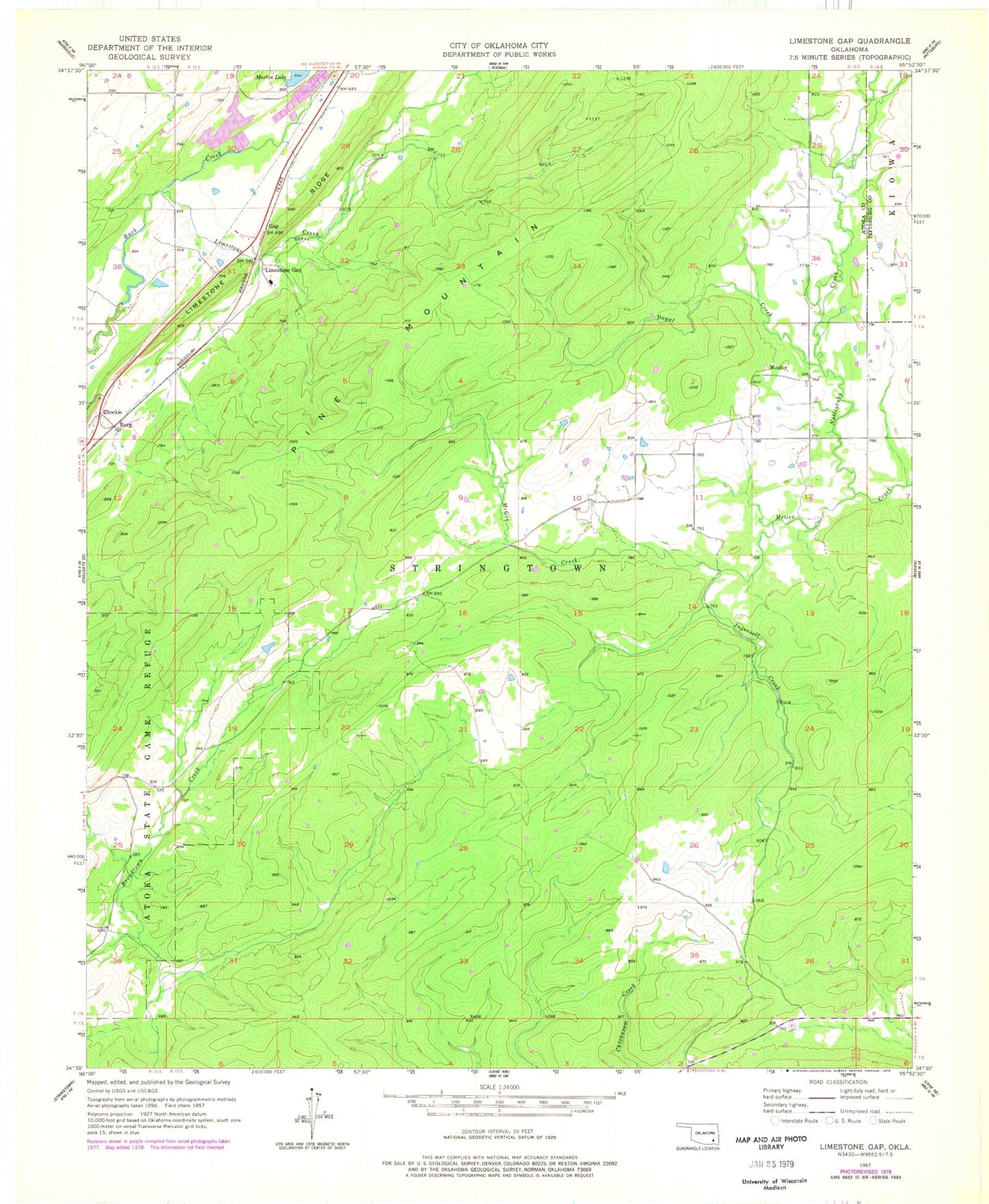 Classic USGS Limestone Gap Oklahoma 7.5'x7.5' Topo Map Image