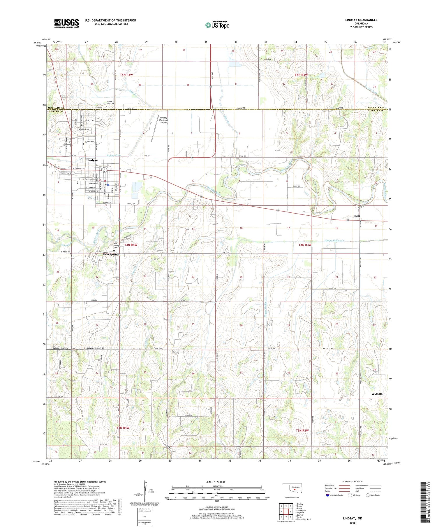Lindsay Oklahoma US Topo Map Image
