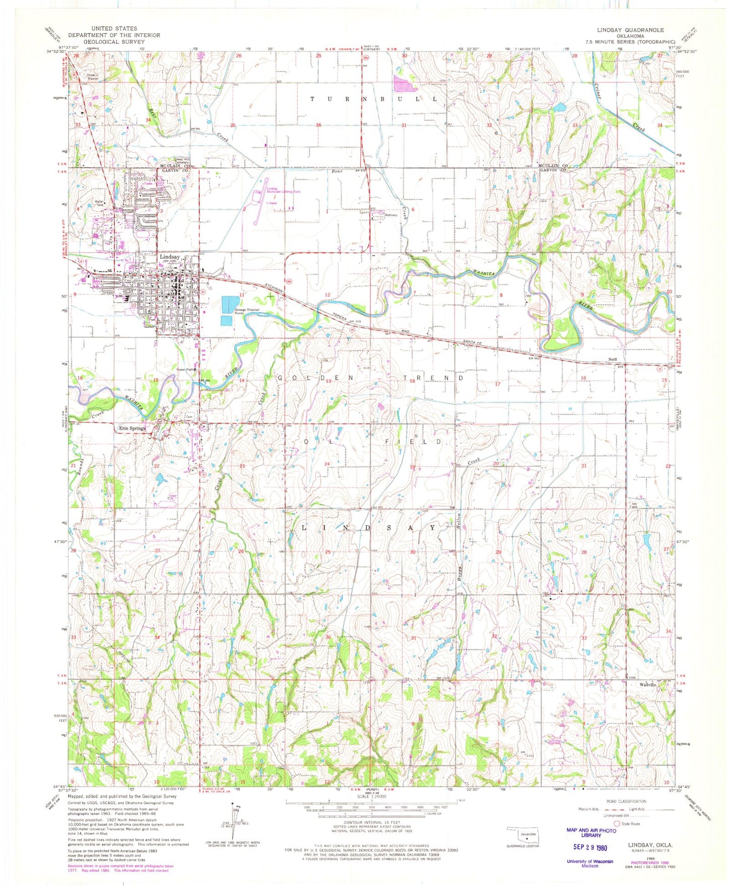 Classic USGS Lindsay Oklahoma 7.5'x7.5' Topo Map Image