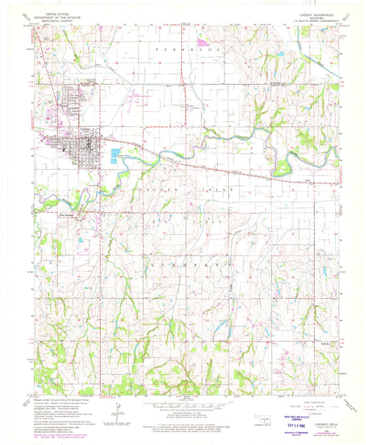 Classic USGS Lindsay Oklahoma 7.5'x7.5' Topo Map Image