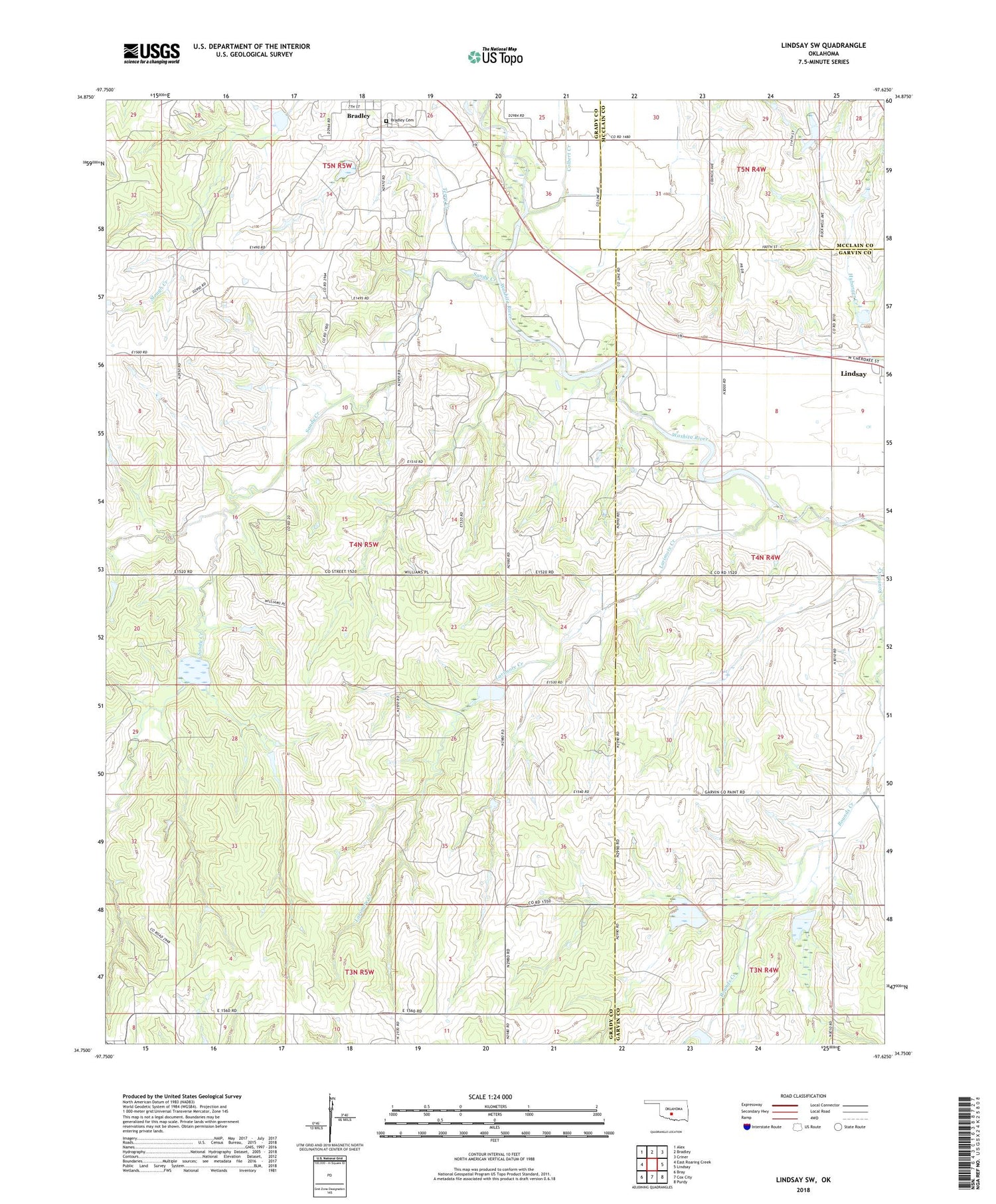 Lindsay SW Oklahoma US Topo Map Image