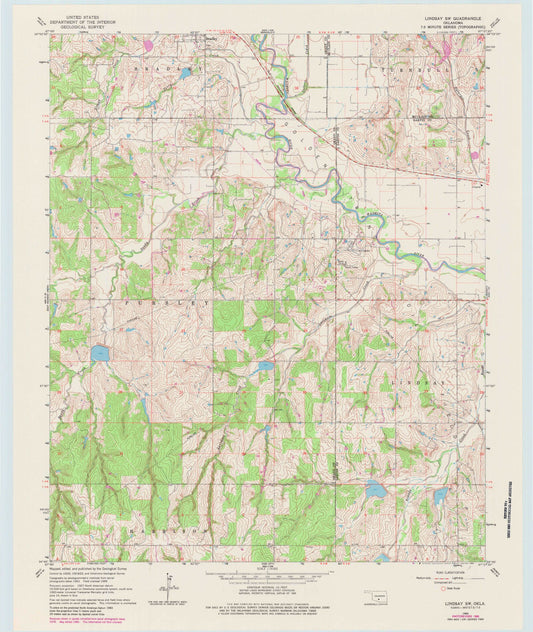 Classic USGS Lindsay SW Oklahoma 7.5'x7.5' Topo Map Image
