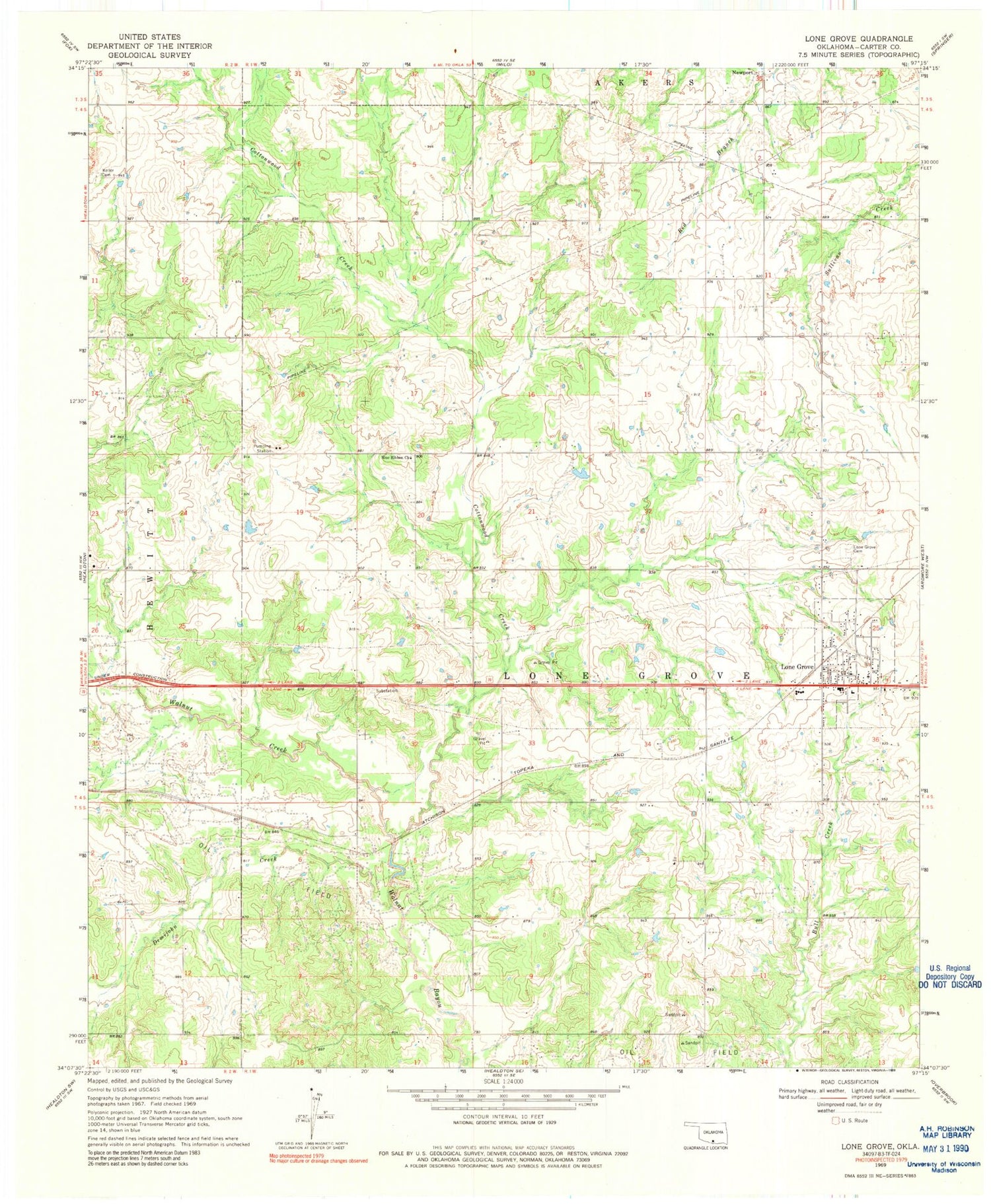 Classic USGS Lone Grove Oklahoma 7.5'x7.5' Topo Map Image