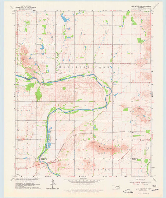 Classic USGS Long Mountain Oklahoma 7.5'x7.5' Topo Map Image
