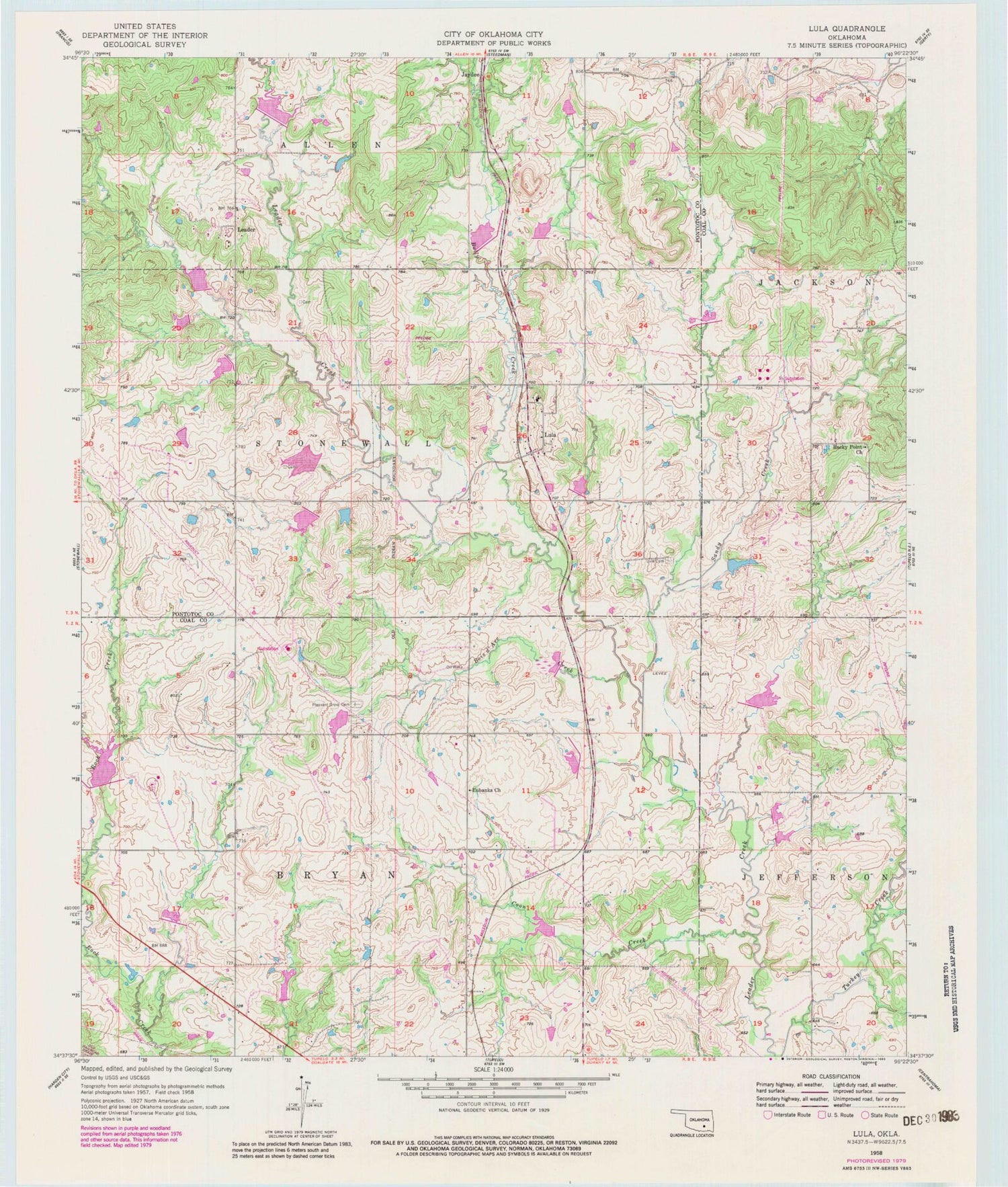 Classic USGS Lula Oklahoma 7.5'x7.5' Topo Map Image
