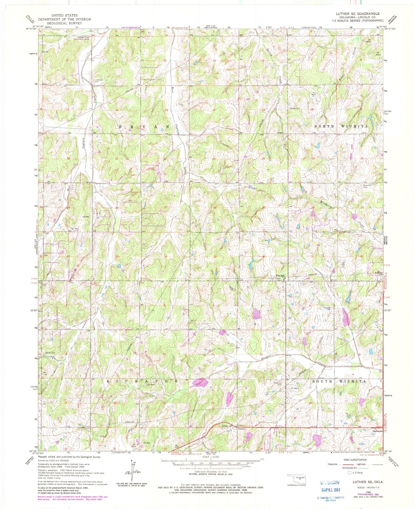 Classic USGS Luther SE Oklahoma 7.5'x7.5' Topo Map Image