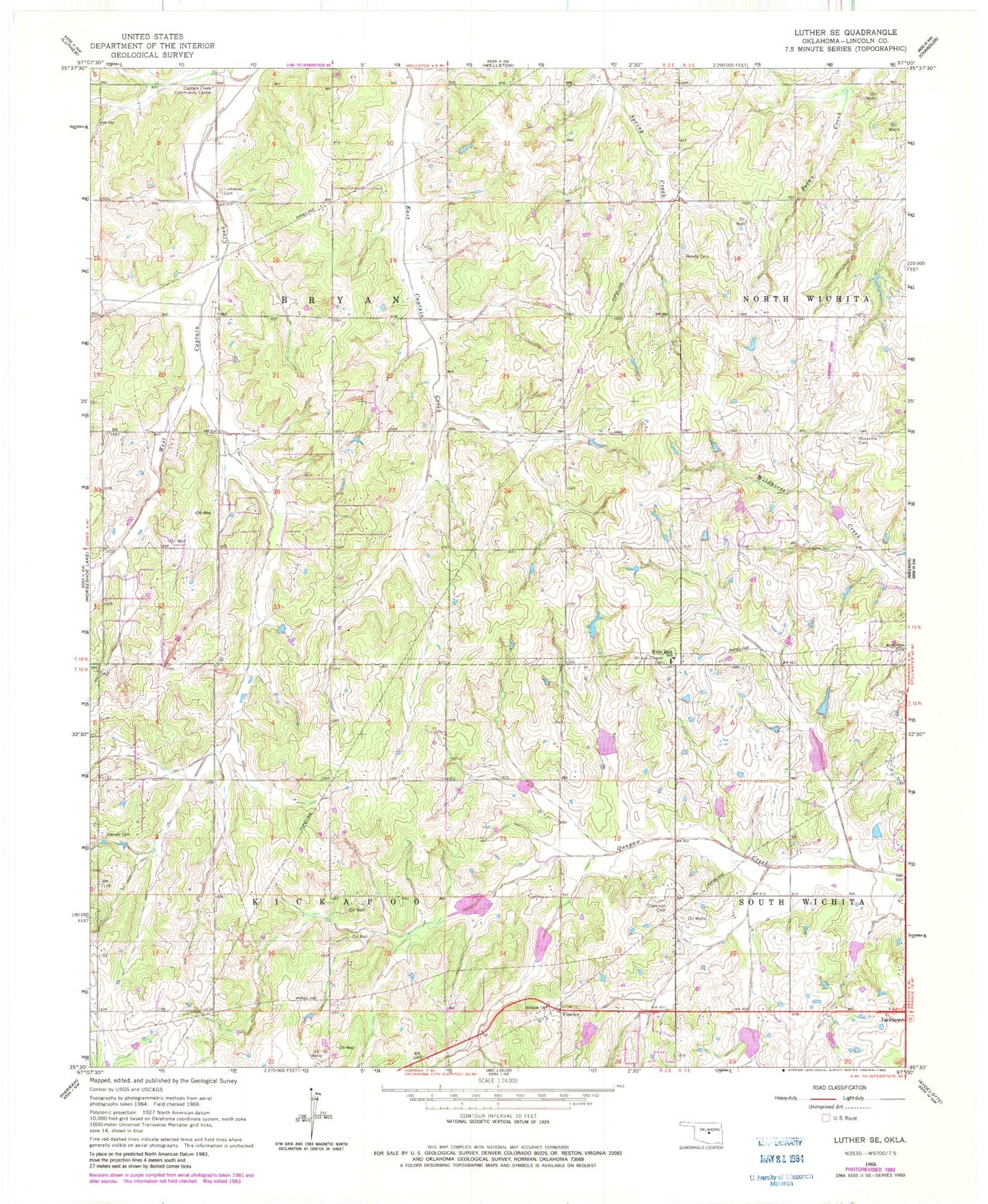 Classic USGS Luther SE Oklahoma 7.5'x7.5' Topo Map Image