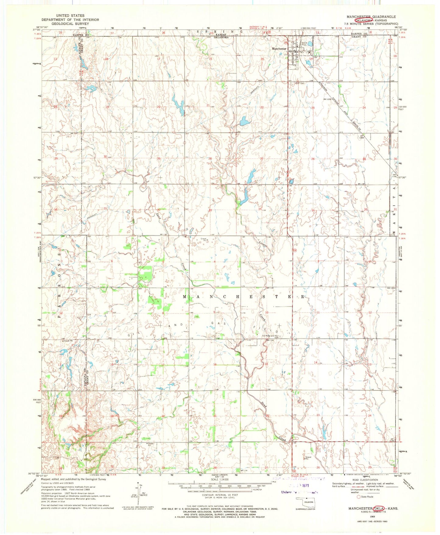 Classic USGS Manchester Oklahoma 7.5'x7.5' Topo Map Image