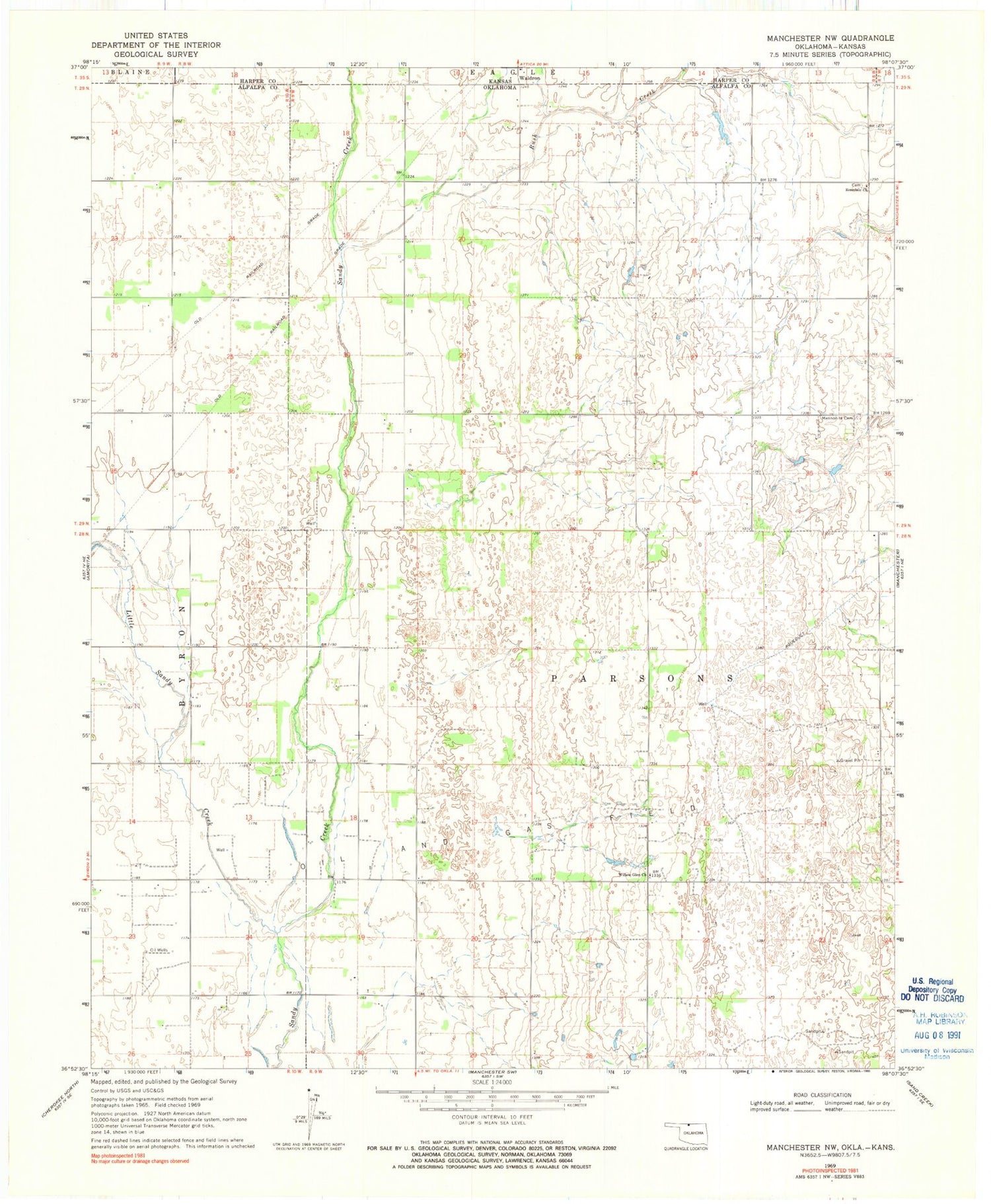 Classic USGS Manchester NW Oklahoma 7.5'x7.5' Topo Map Image