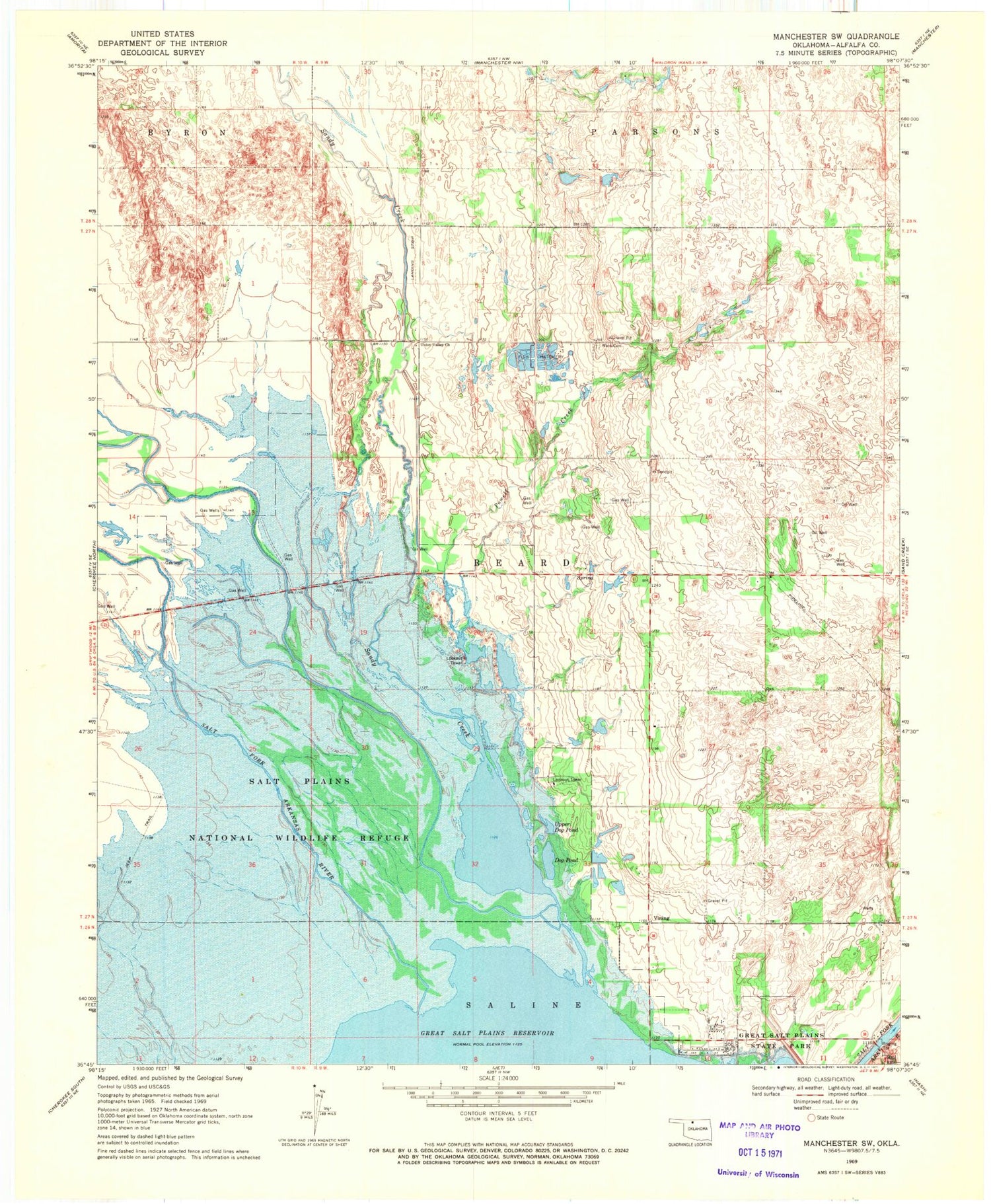 Classic USGS Manchester SW Oklahoma 7.5'x7.5' Topo Map Image