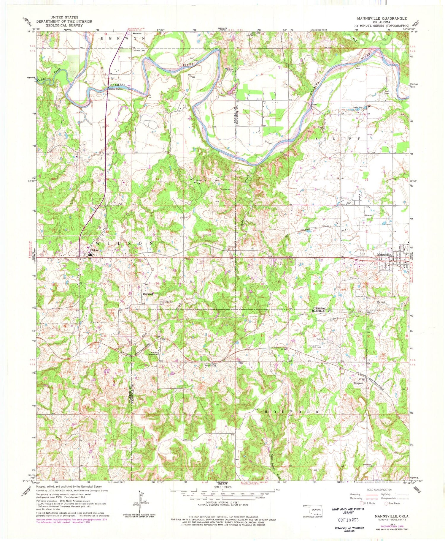Classic USGS Mannsville Oklahoma 7.5'x7.5' Topo Map Image
