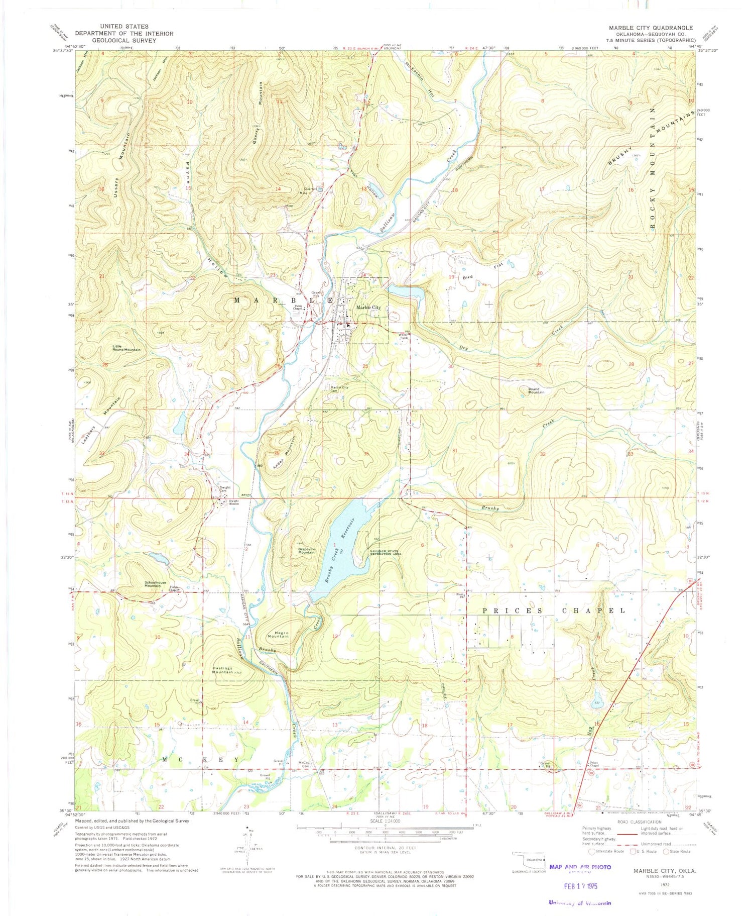 Classic USGS Marble City Oklahoma 7.5'x7.5' Topo Map Image