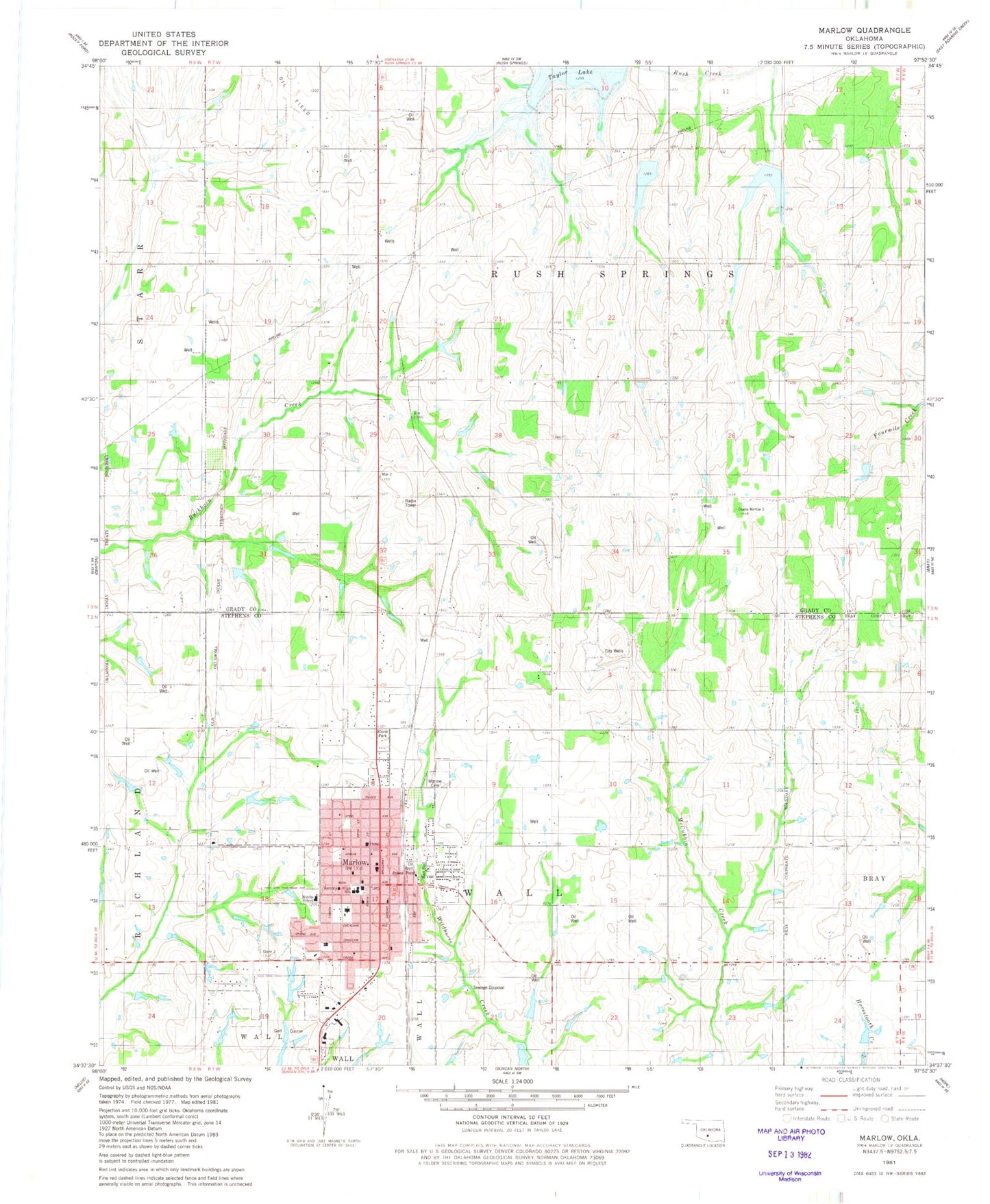 Classic USGS Marlow Oklahoma 7.5'x7.5' Topo Map Image