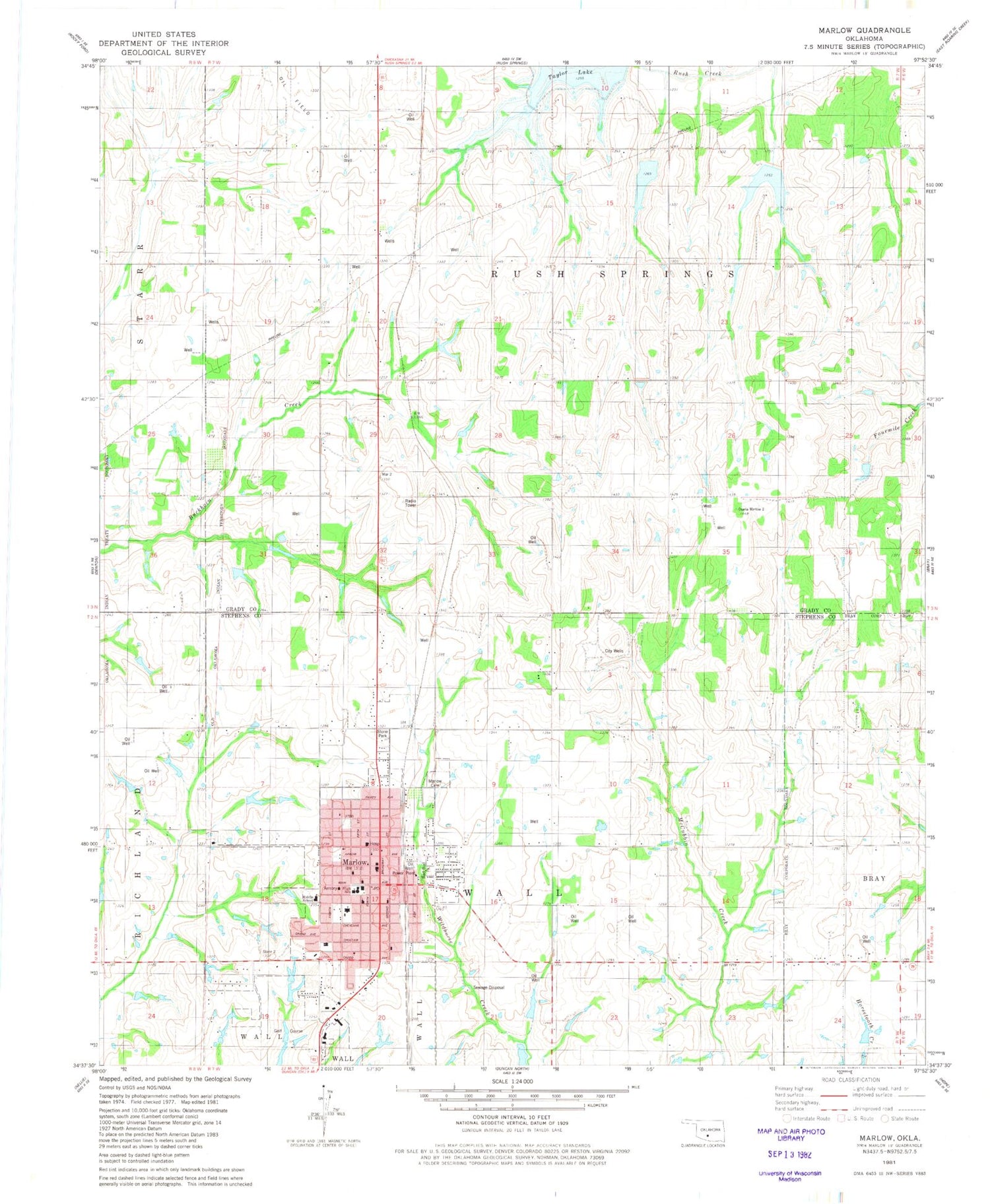 Classic USGS Marlow Oklahoma 7.5'x7.5' Topo Map Image