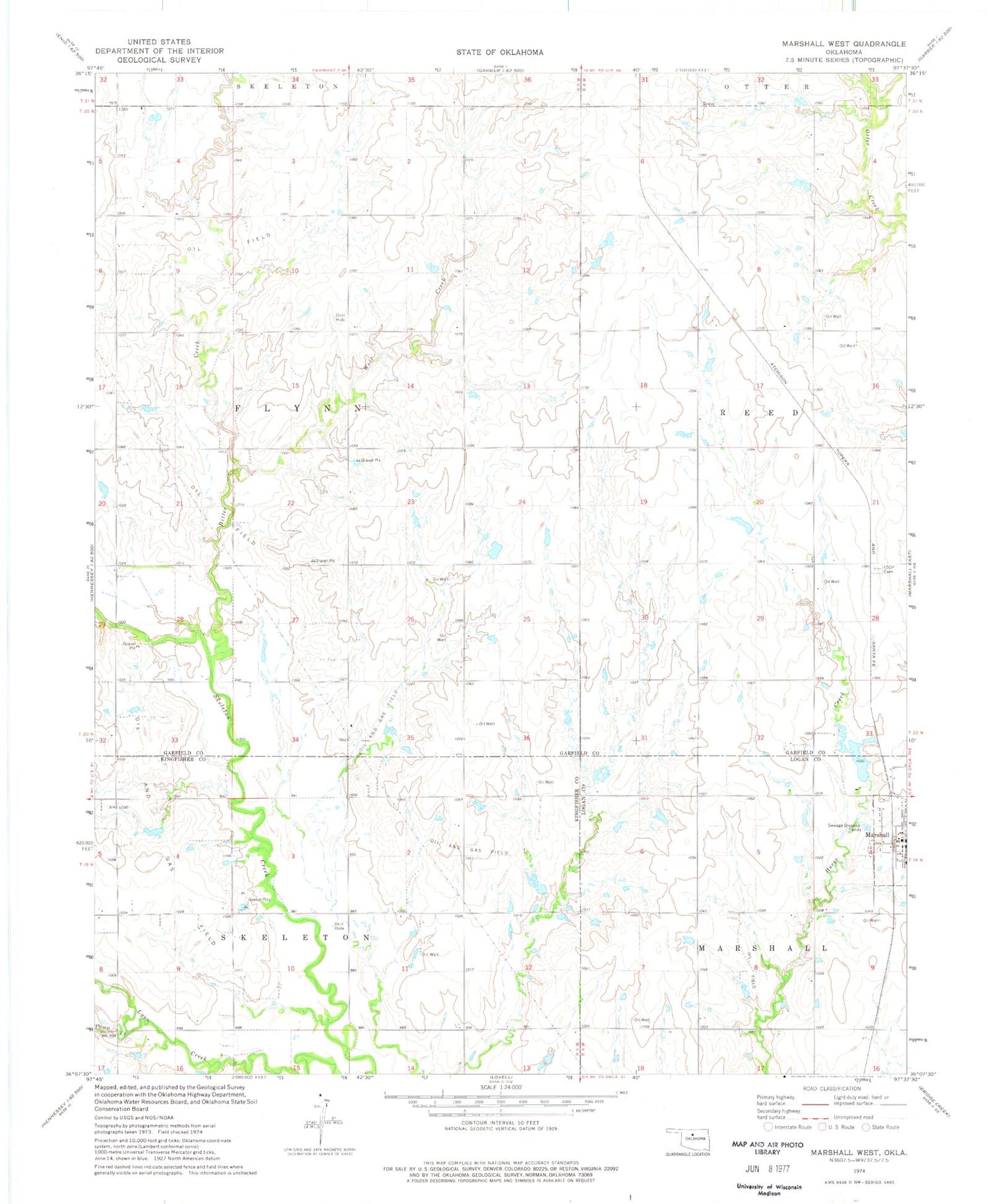 Classic USGS Marshall West Oklahoma 7.5'x7.5' Topo Map Image