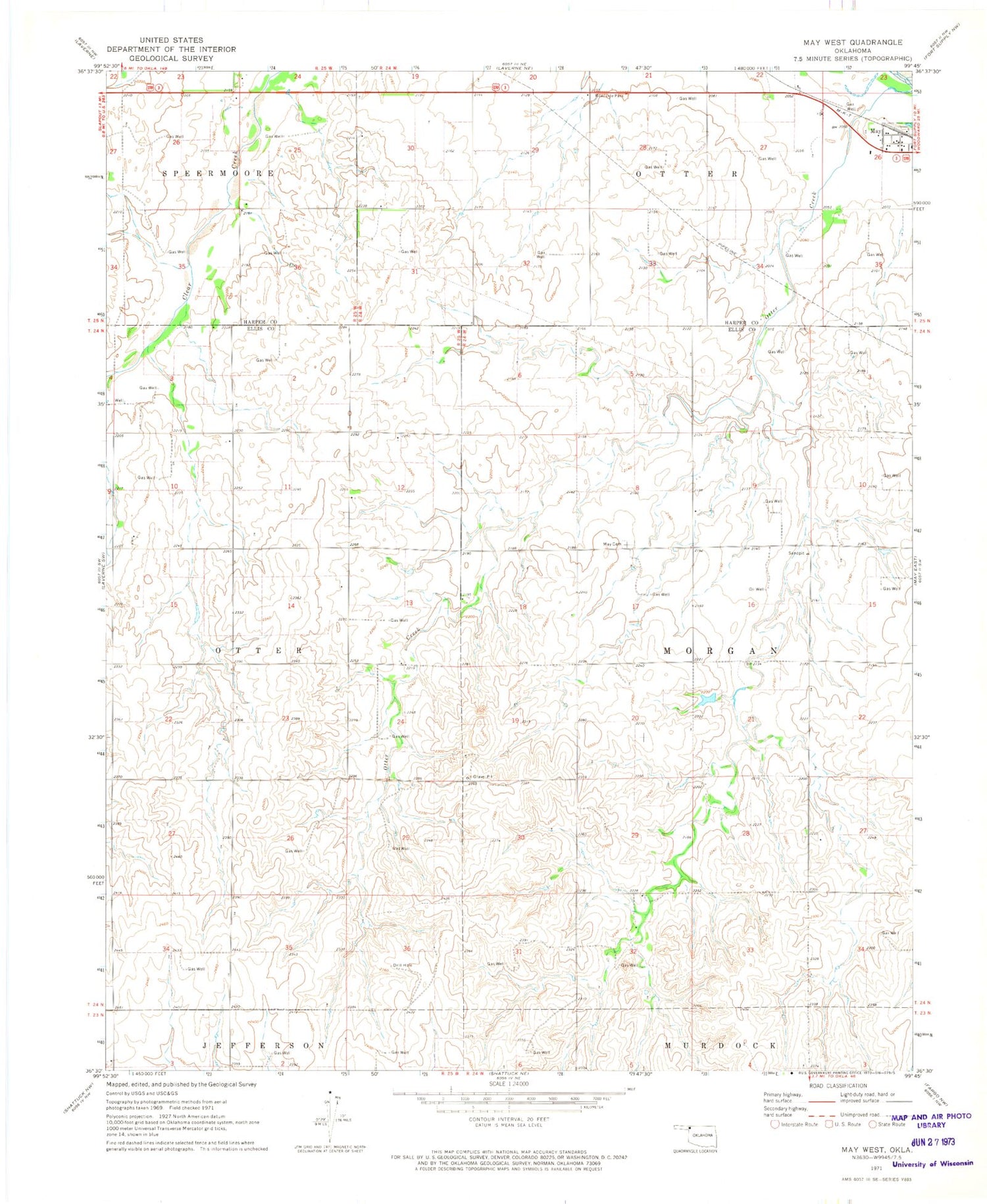 Classic USGS May West Oklahoma 7.5'x7.5' Topo Map Image