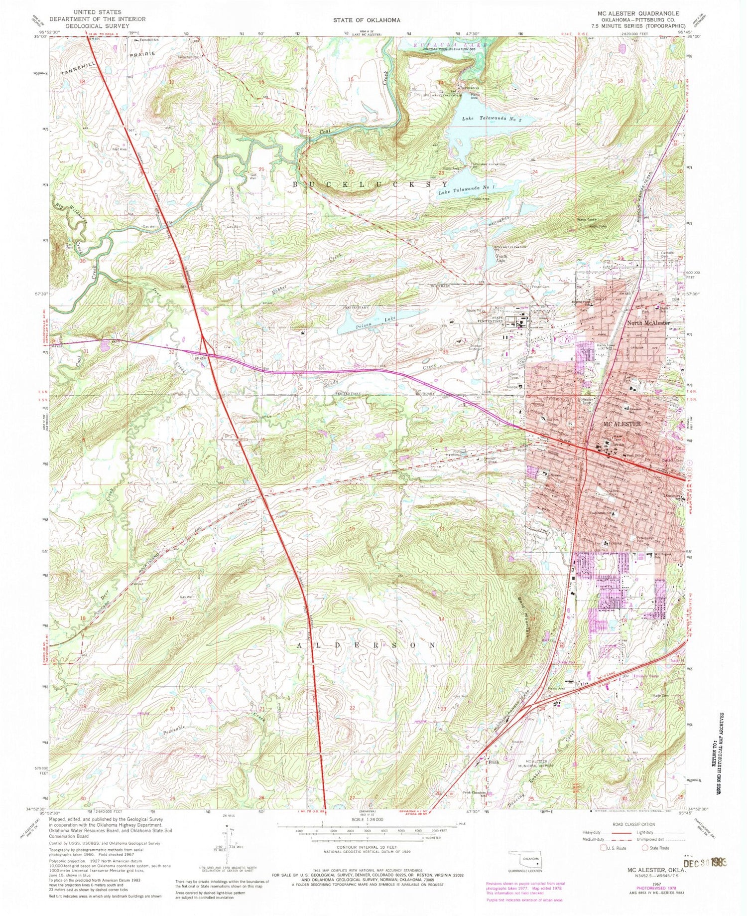 Classic USGS McAlester Oklahoma 7.5'x7.5' Topo Map Image