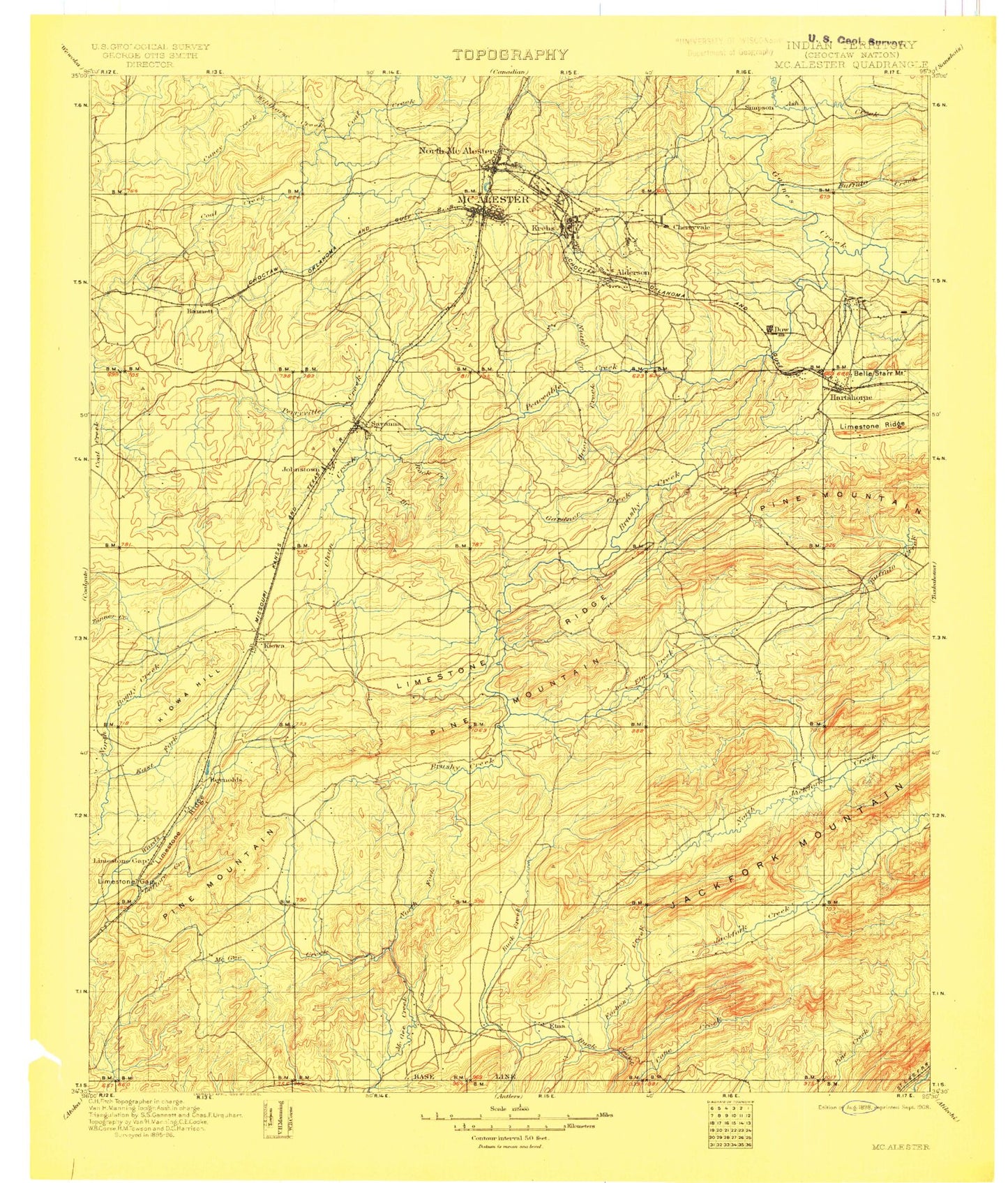 Historic 1898 McAlester Oklahoma 30'x30' Topo Map Image