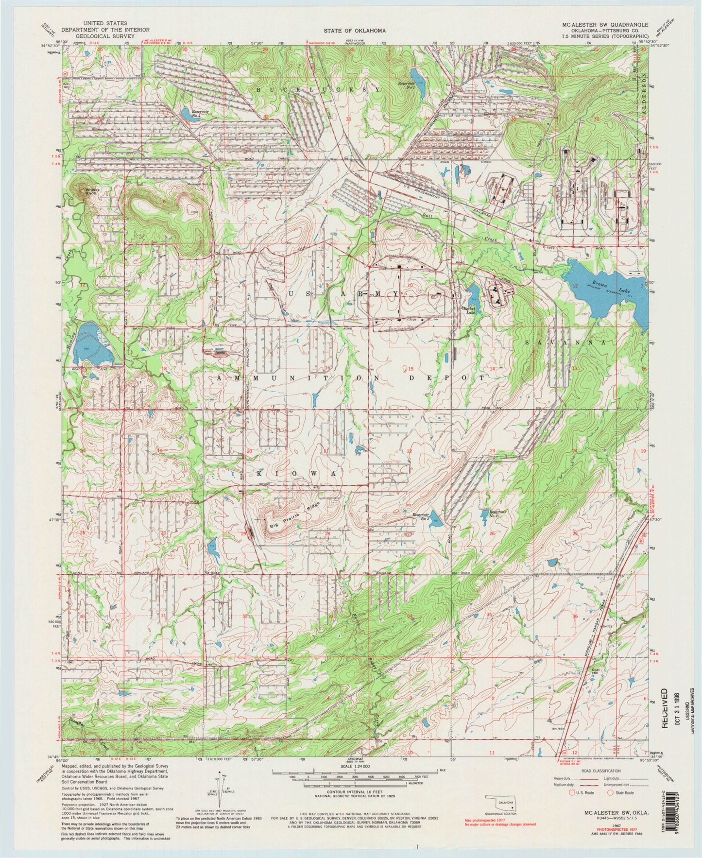 Classic USGS McAlester SW Oklahoma 7.5'x7.5' Topo Map Image